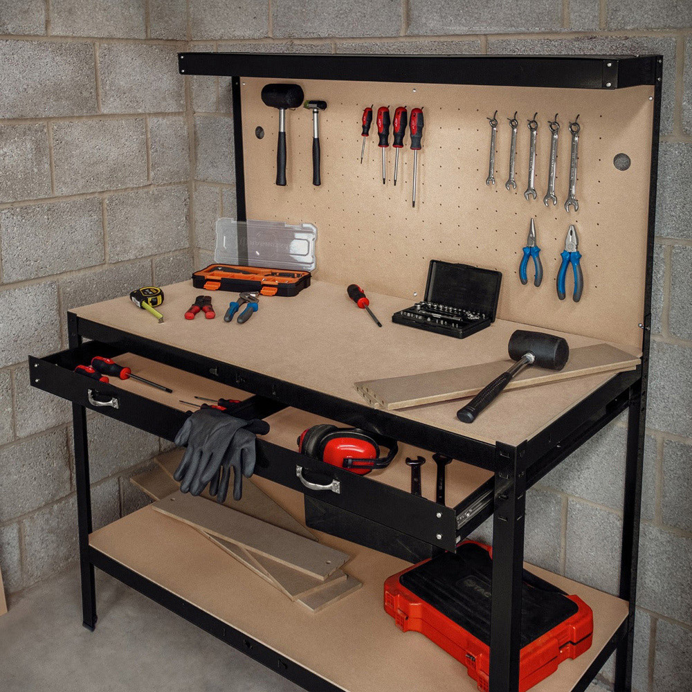 MonsterShop 2 Drawer Black Workbench with Pegboard and Light Image 2
