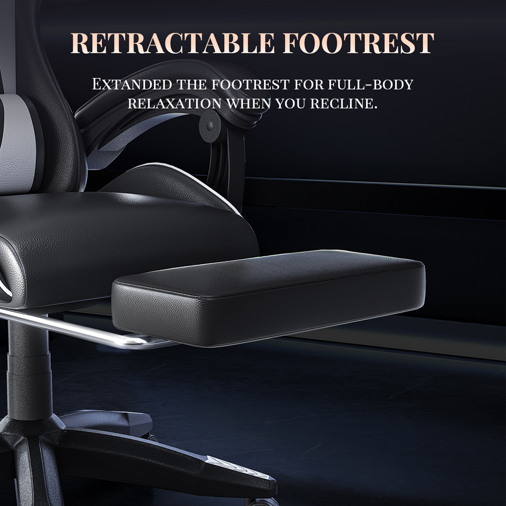 Rattrix White PU Leather Reclining Gaming Chair with Massage Lumbar Support and Footrest Image 5