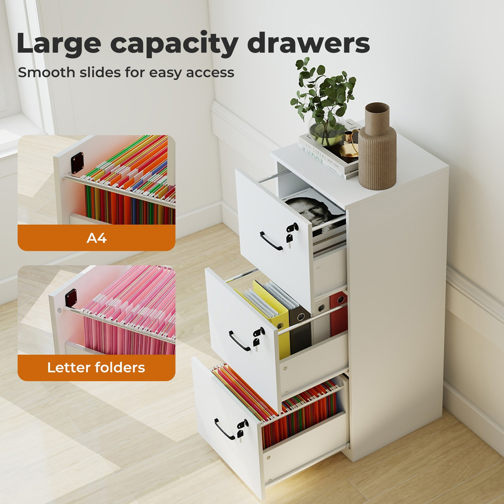 Levede White 3 Drawer Lockable Tall File Cabinet Image 4
