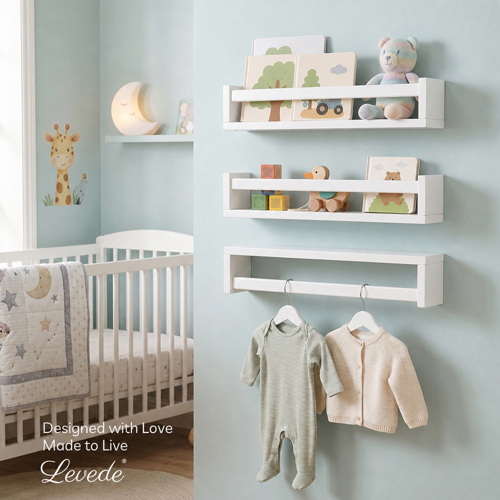 Levede White Solid Pine Wood Wall Mounted Reversible Floating Nursery Book Shelf Set of 3 Image 8