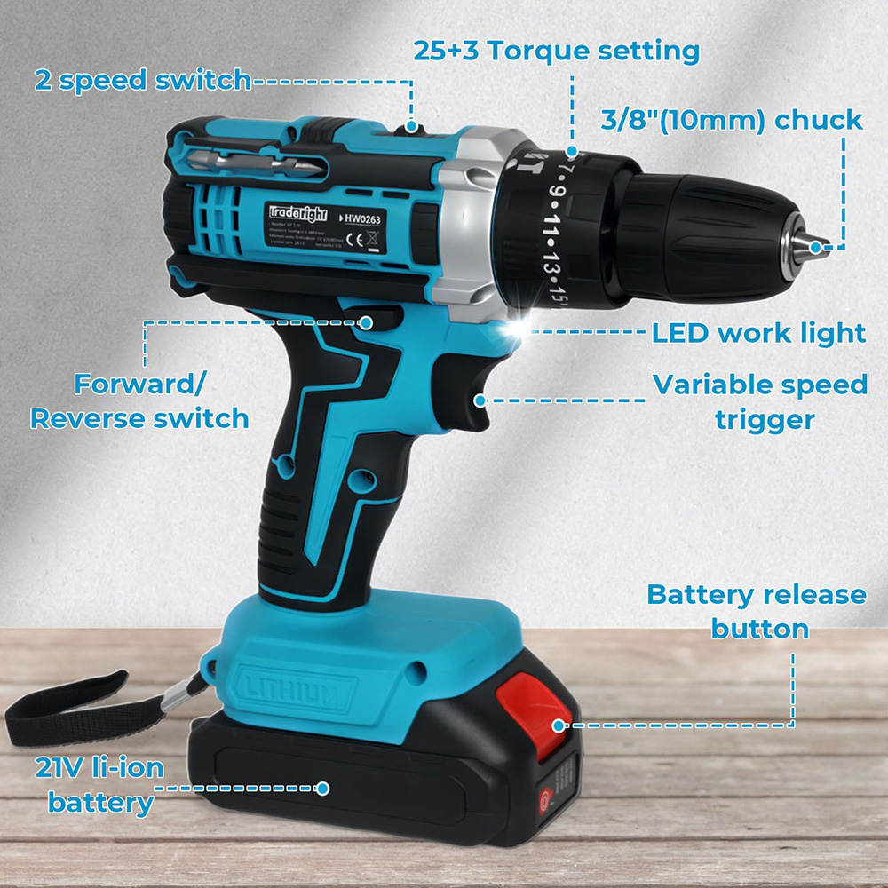 Traderight HW0263 Cordless Combi Drill Driver with 2 Batteries 21V Image 9