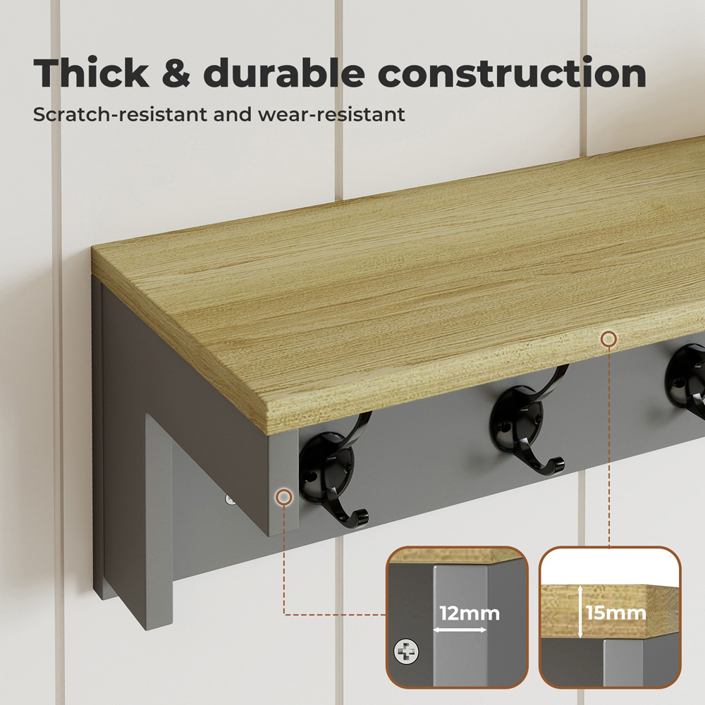 Levede Oak and Grey 7 Double Hook Wall Mounted Coat Rack with Shelf Image 5