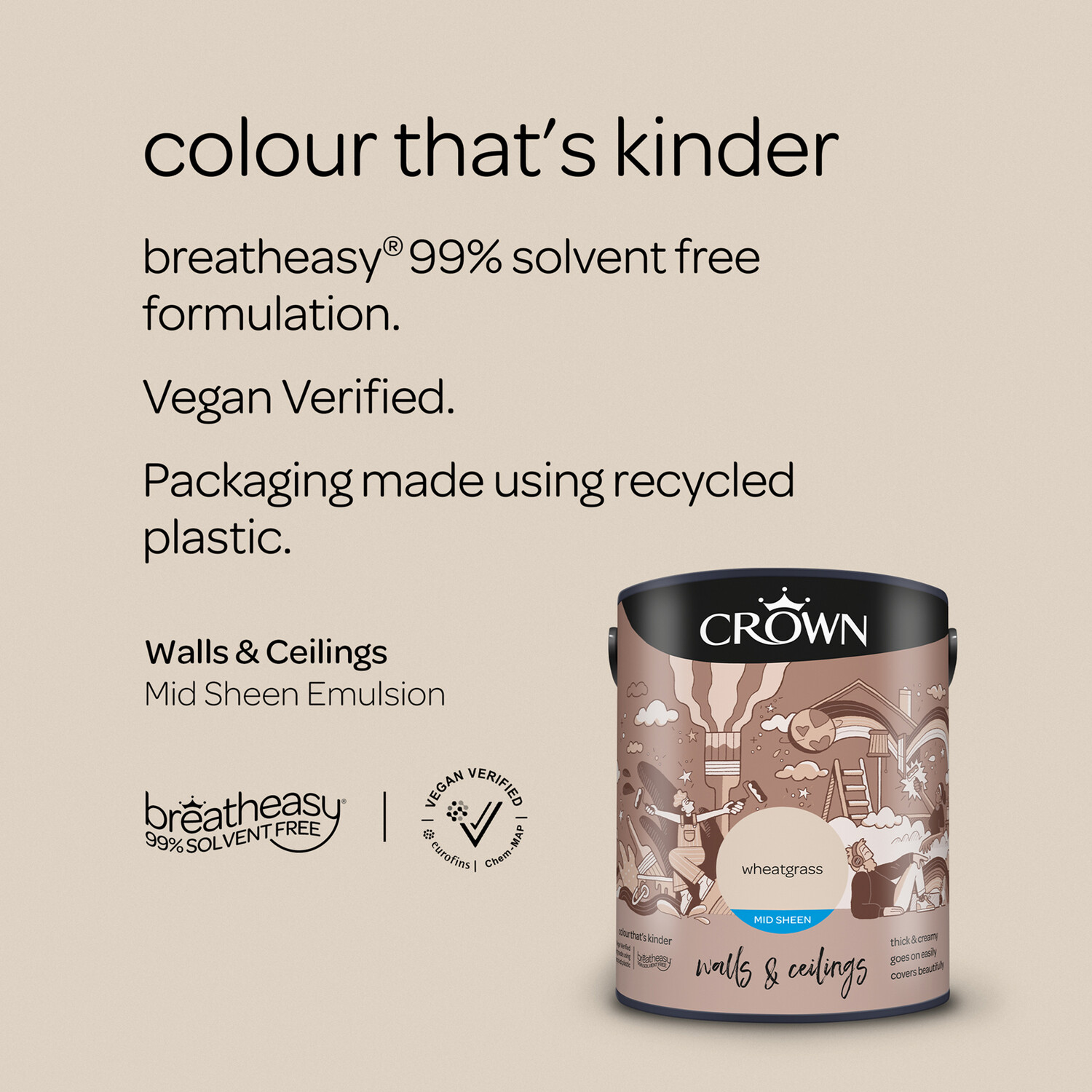 Crown Walls & Ceilings Wheatgrass Mid Sheen Emulsion Paint 5L Image 9