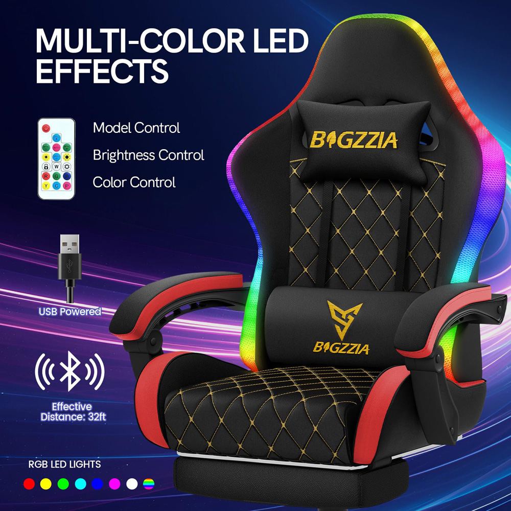 Rattrix Red PU Leather Reclining Gaming Chair with RGB LED Lights Memory Foam Seat and Footrest Image 5
