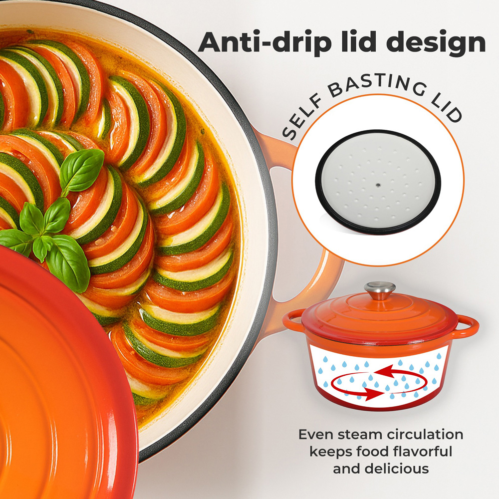 Toque Orange Cast Iron Enamelled Non-Stick Dutch Oven Casserole Dish Pot with Lid 24cm Image 7