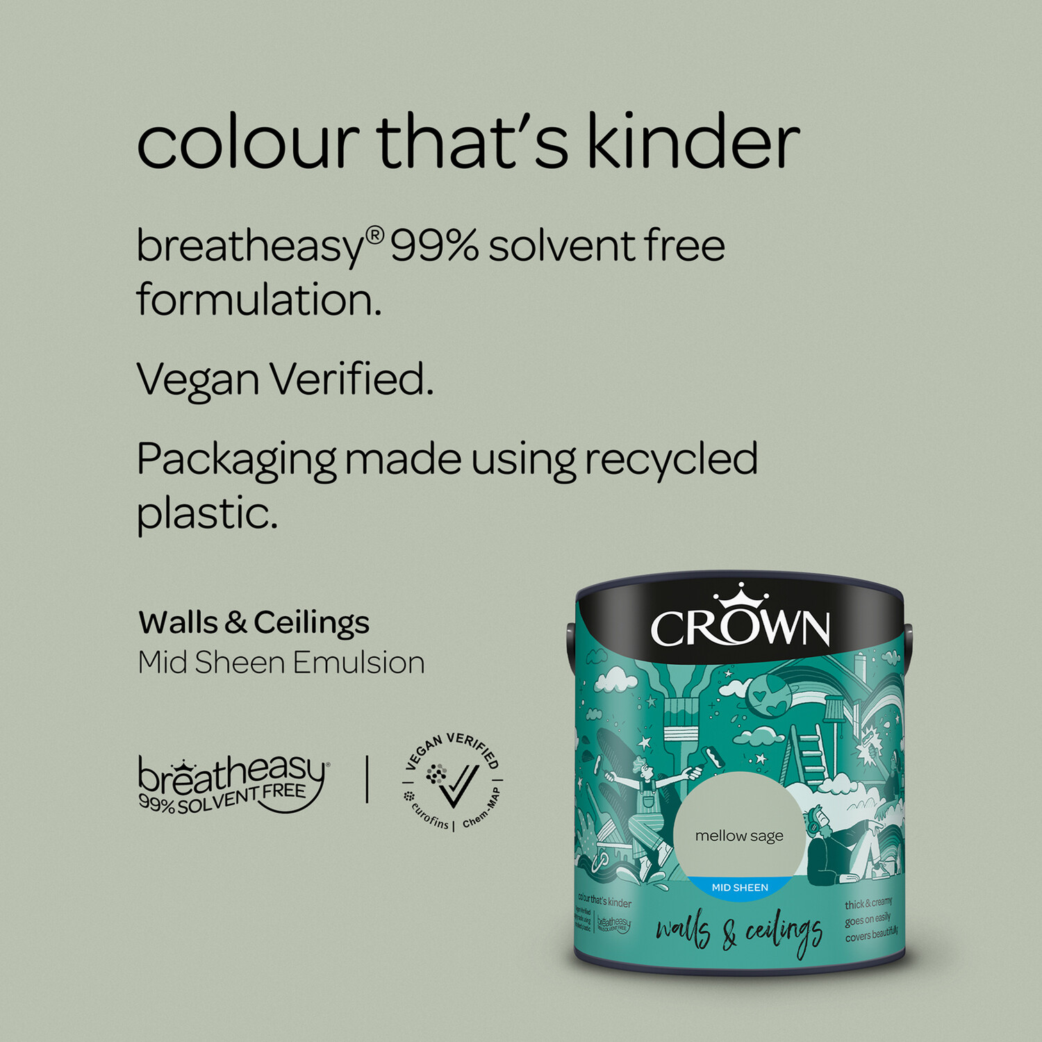 Crown Walls & Ceilings Mellow Sage Mid Sheen Emulsion Paint 2.5L Image 9