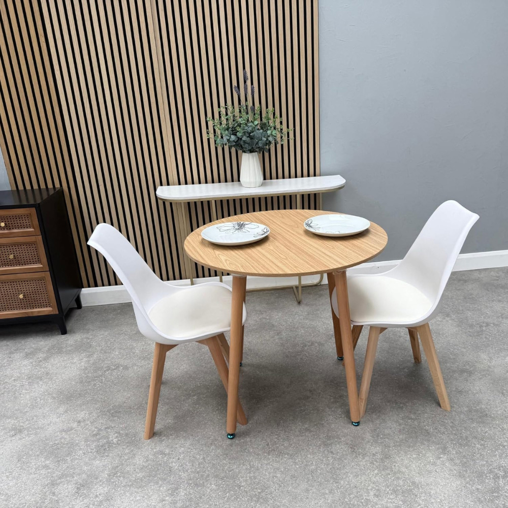 Life Interiors Halo Lorenzo Oak and White Wood and Plastic 2 Seater Round Dining Set Image 4