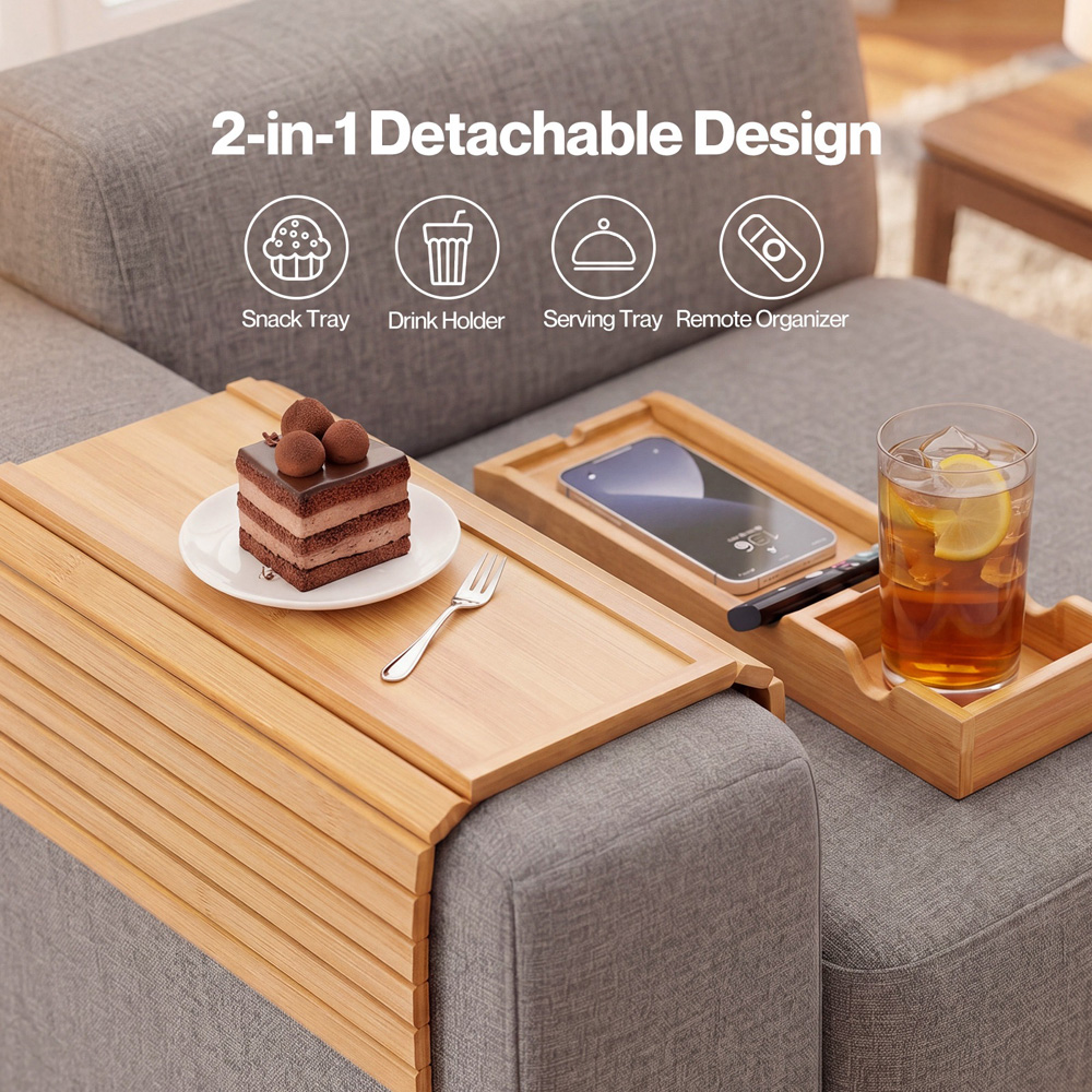 Levede Bamboo Sofa Arm Tray Table with Mug Holder Image 5