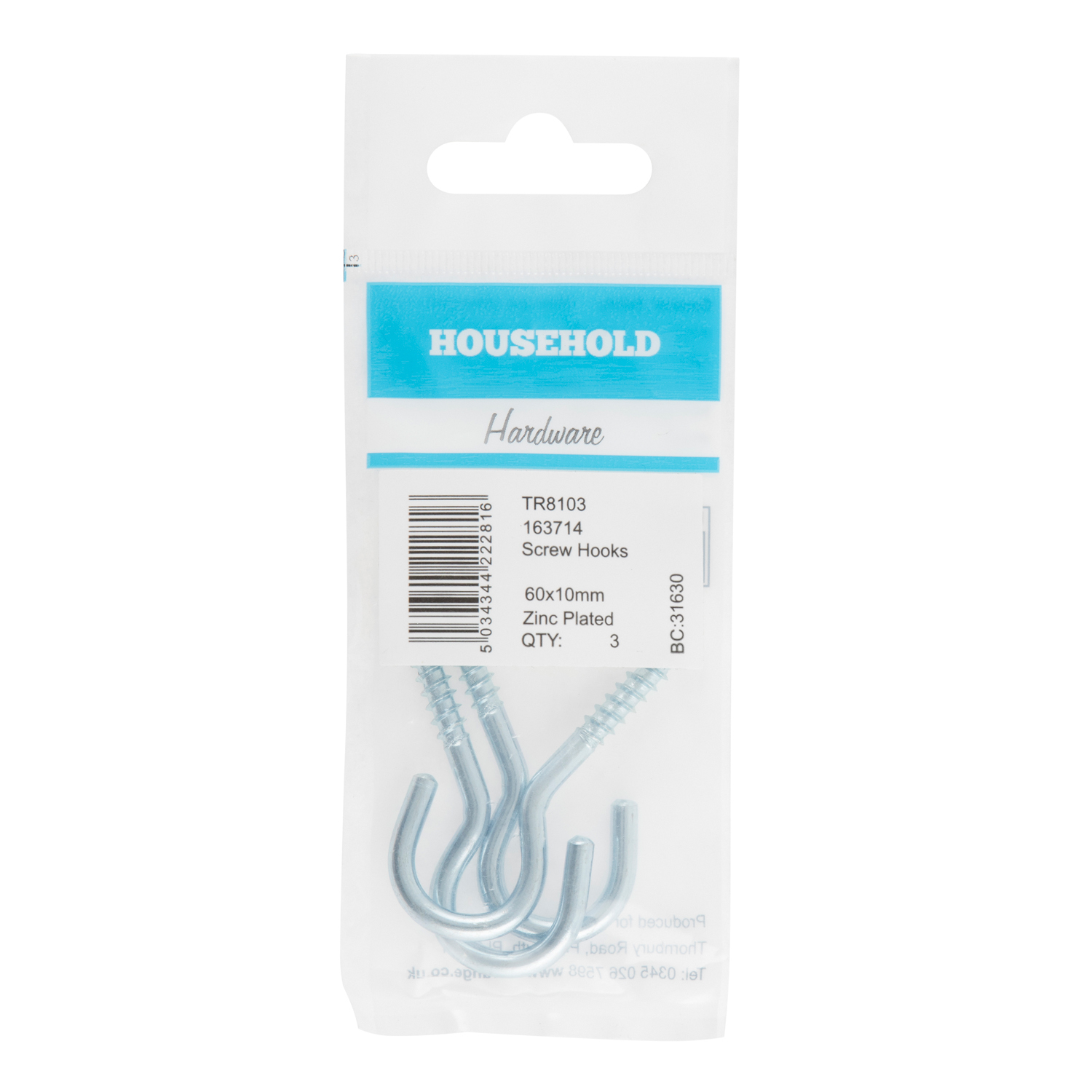 Hiatt 60mm Zinc Steel Screw Hooks 3 Pack Image 2