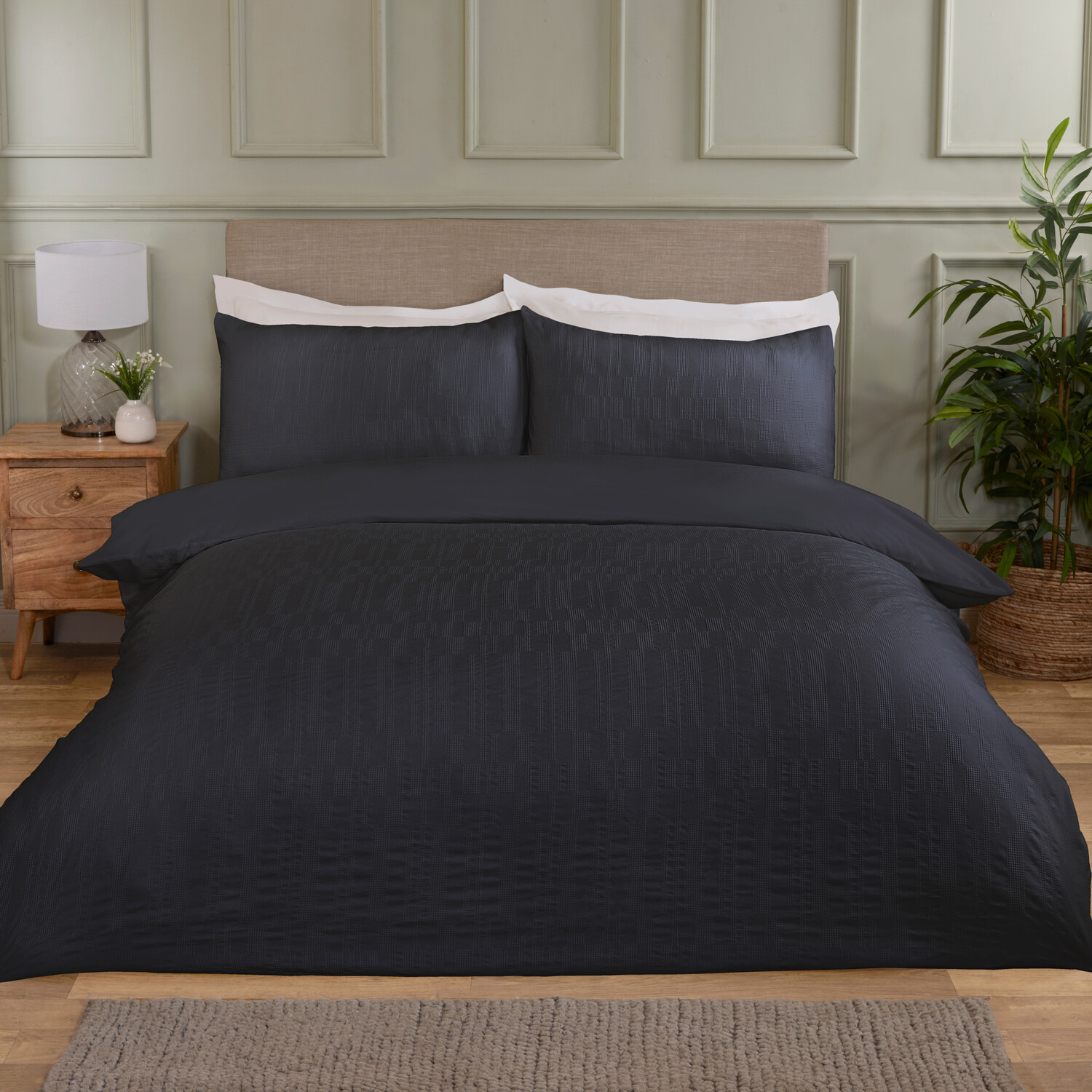 Waffle Block Duvet Set Navy Superking Image 1