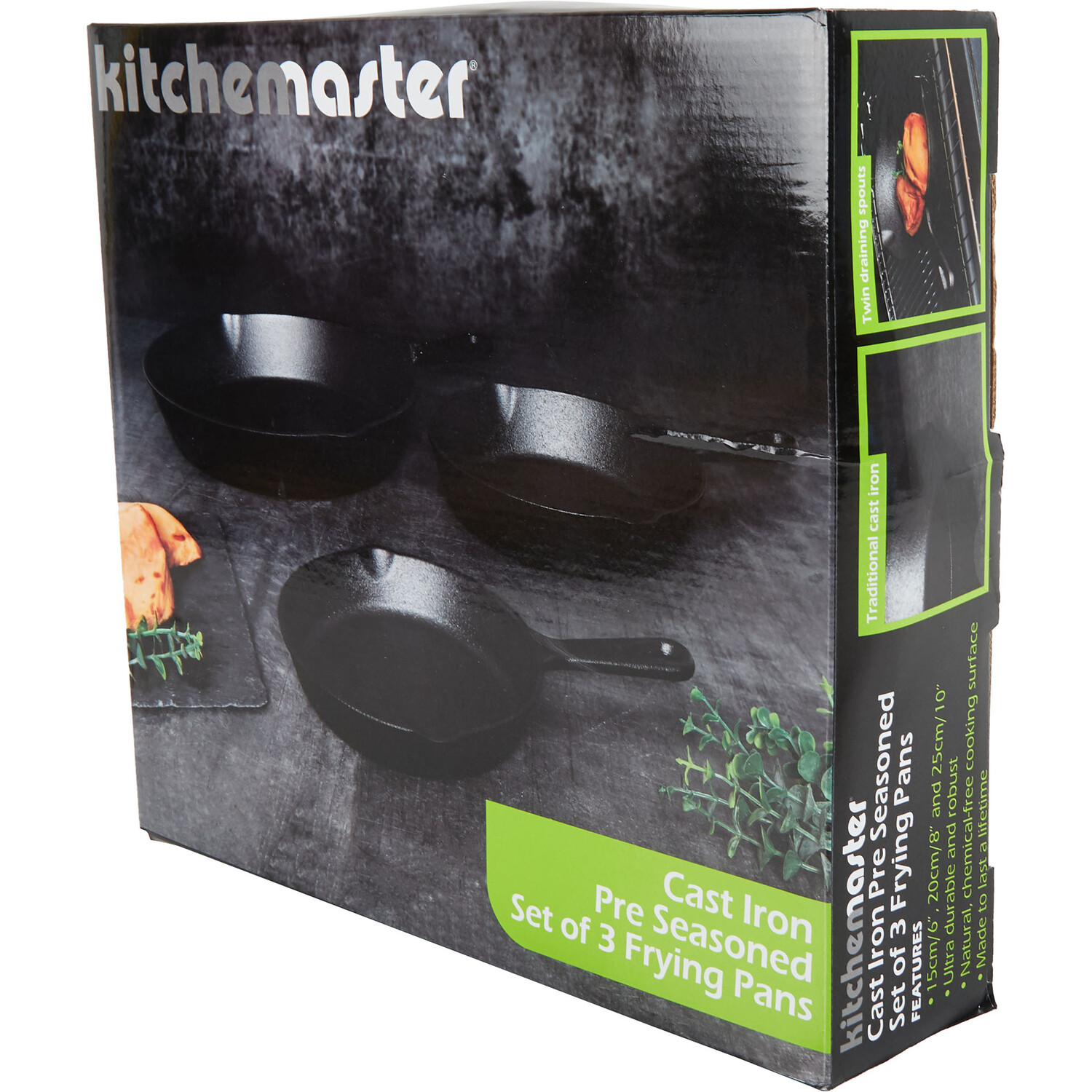 Set of 3 Kitchen Master Pre-Seasoned Frying Pans - Black Image 3