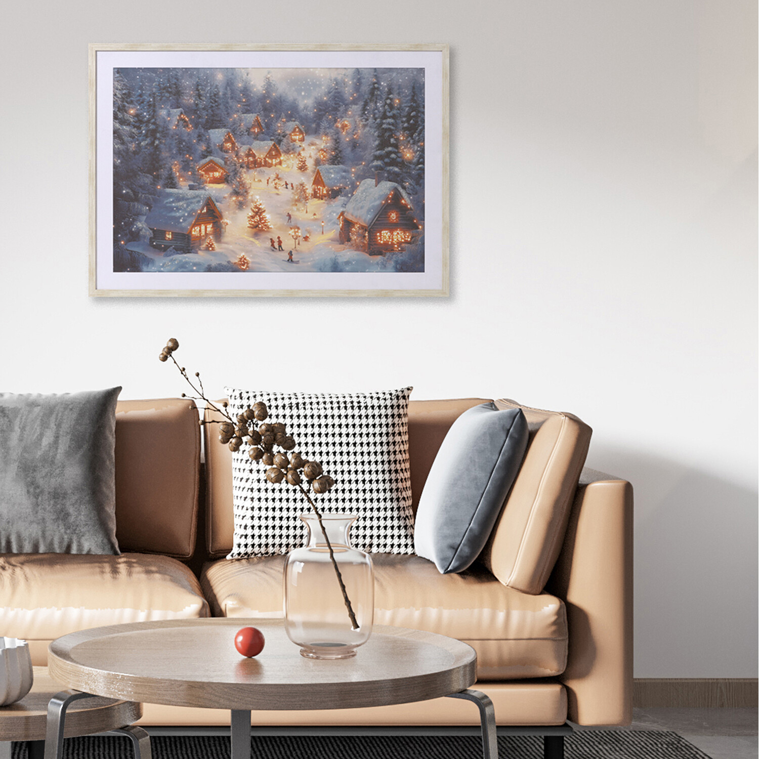 Ski Lodge At Dusk Glitter Framed Print Grey Image 5