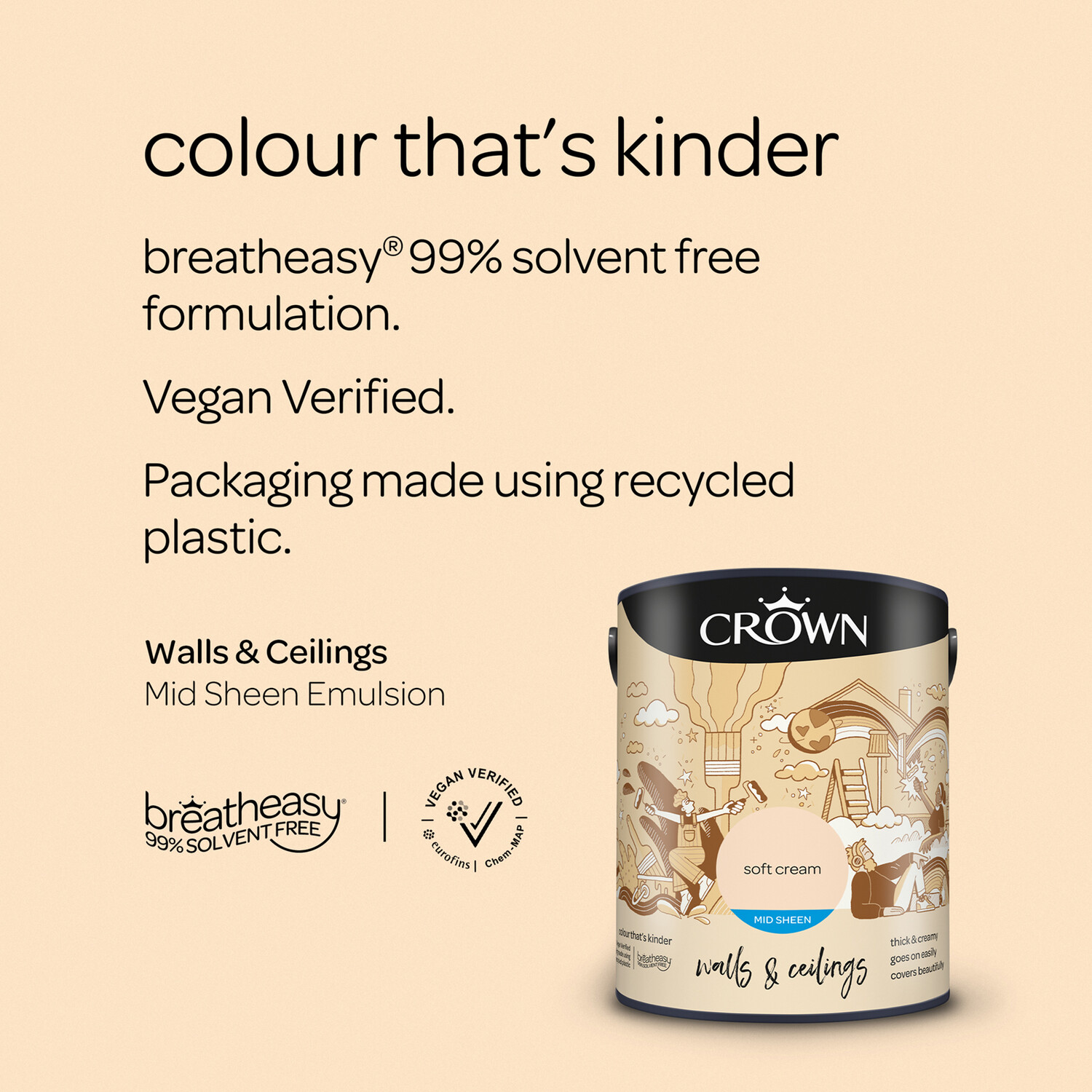 Crown Walls & Ceilings Soft Cream Mid Sheen Emulsion Paint 5L Image 9