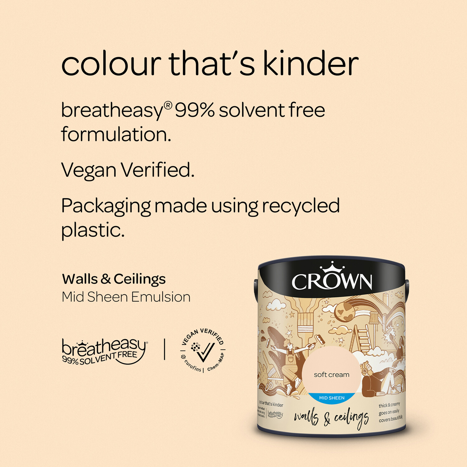 Crown Walls & Ceilings Soft Cream Mid Sheen Emulsion Paint 2.5L Image 9