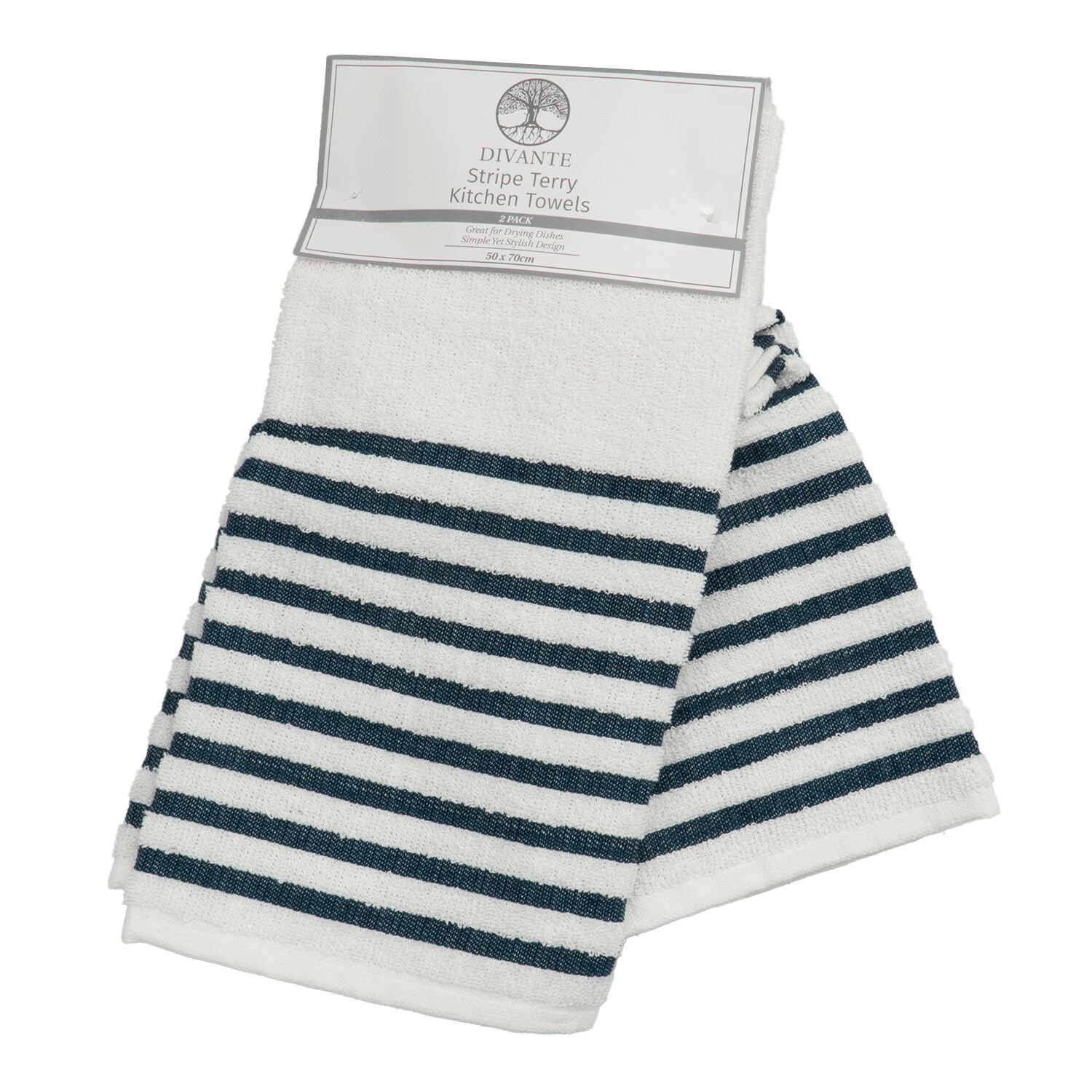 Divante Pack of 2 Striped Terry Kitchen Towels - White & Navy Image 3