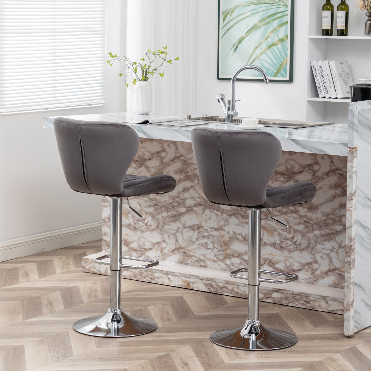 Grey Velvet Height Adjustable Shell Bar Stool Image 8