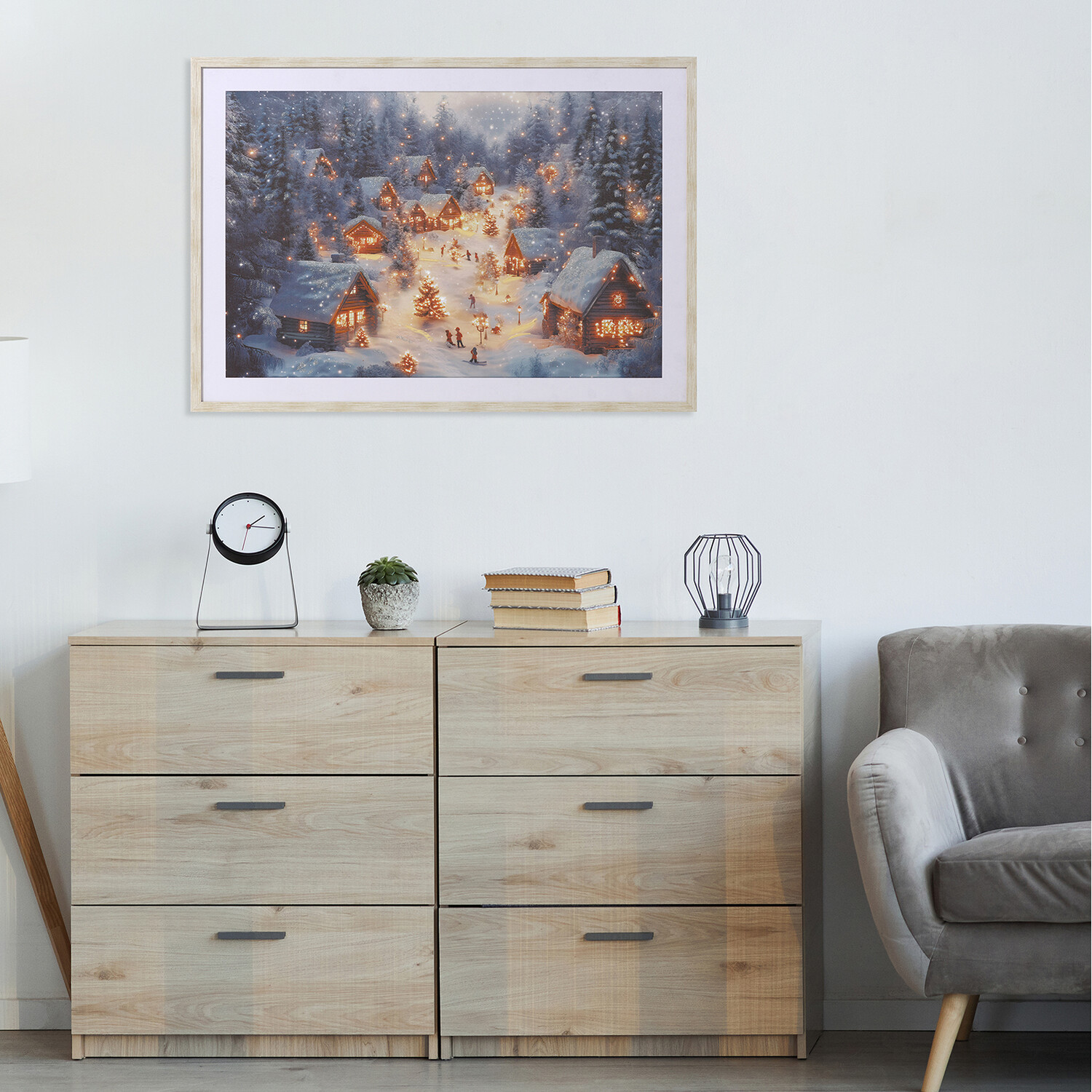 Ski Lodge At Dusk Glitter Framed Print Grey Image 7