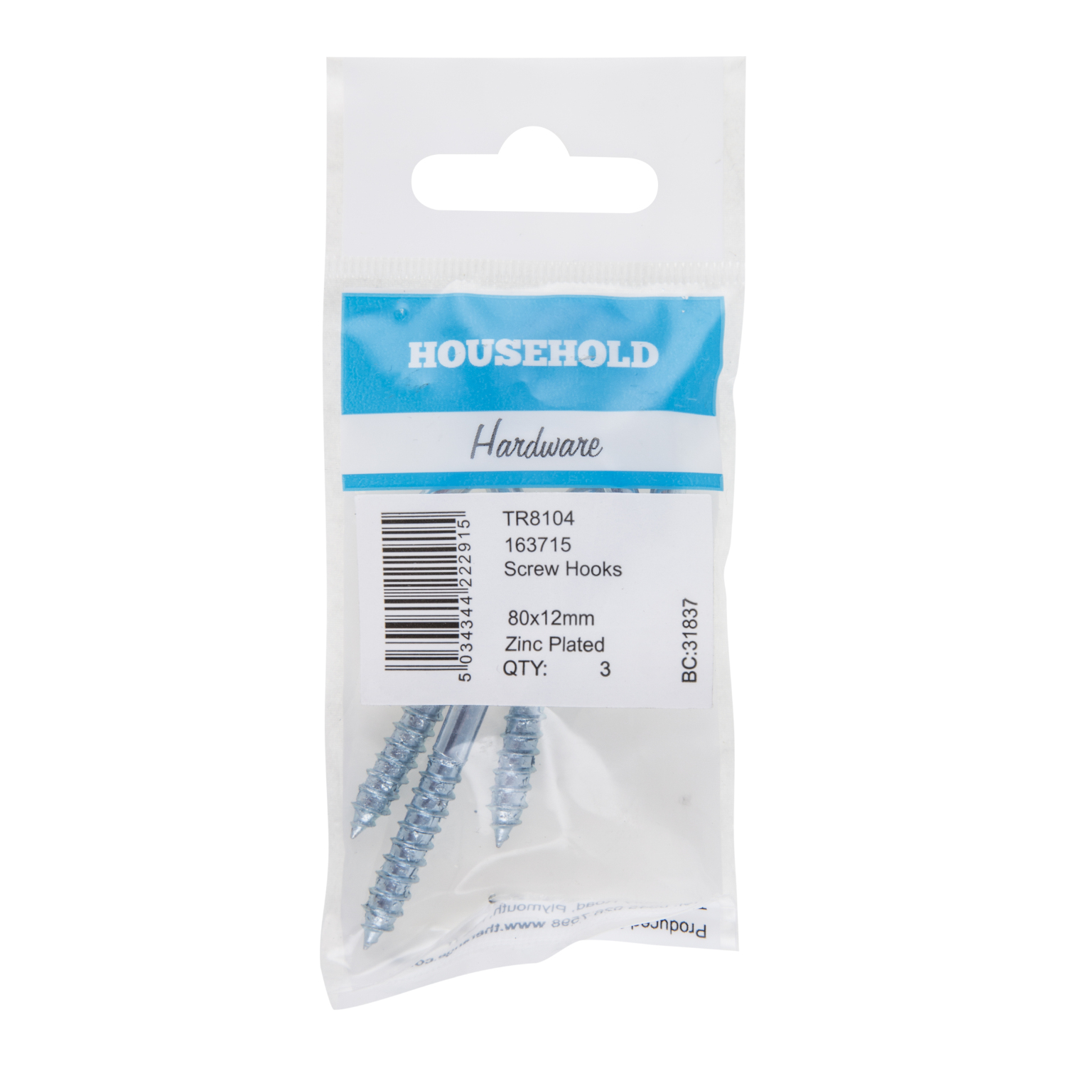 Hiatt 80mm Zinc Steel Screw Hooks 3 Pack Image 2