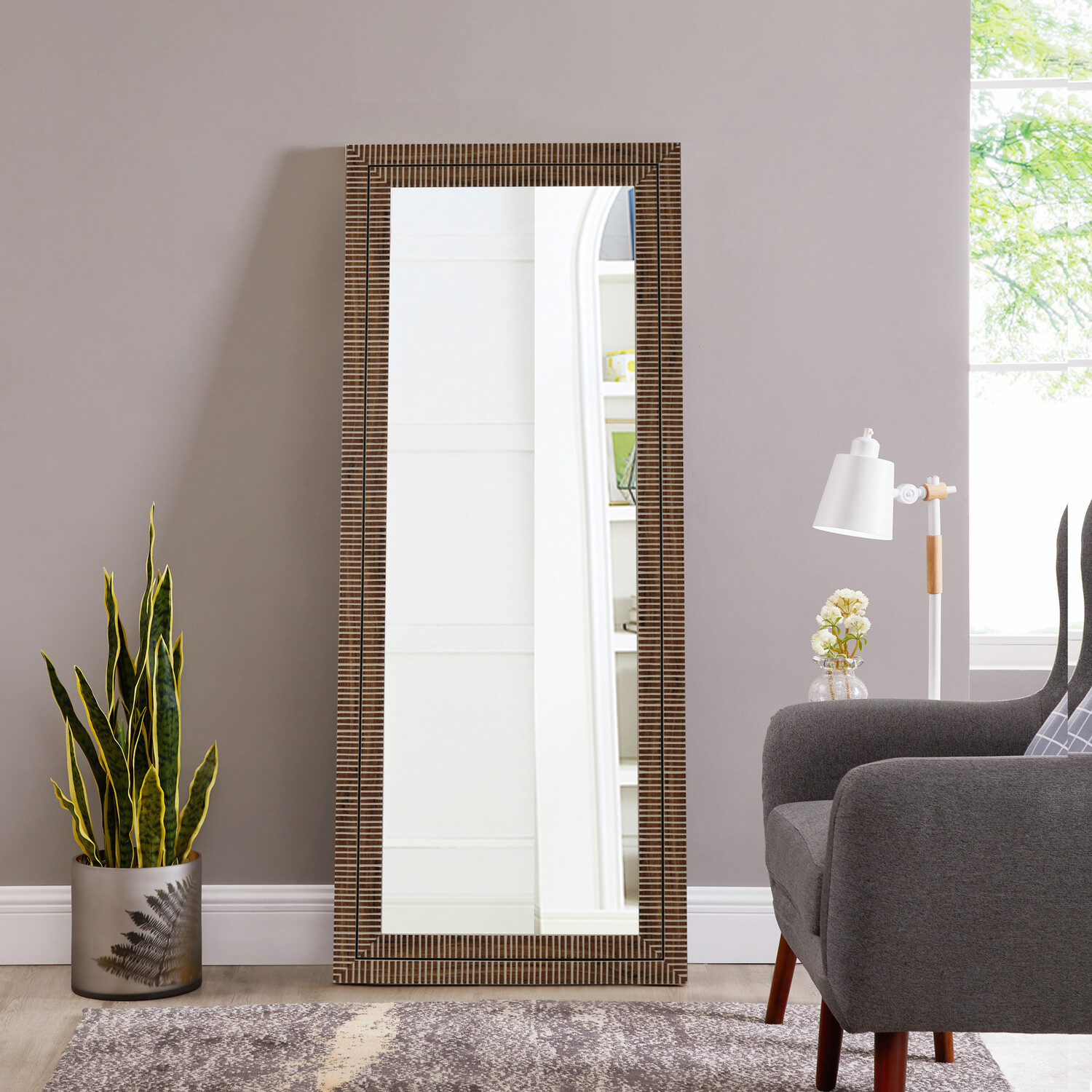Nyla Wood Effect Striped Mirror - Brown Image 2