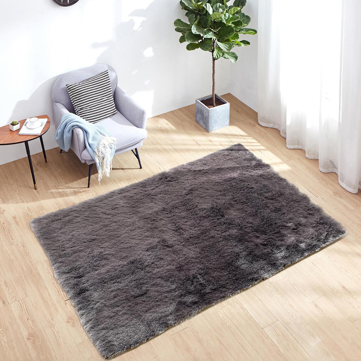 Silver Silky Shaggy Rug 170cm Image 2