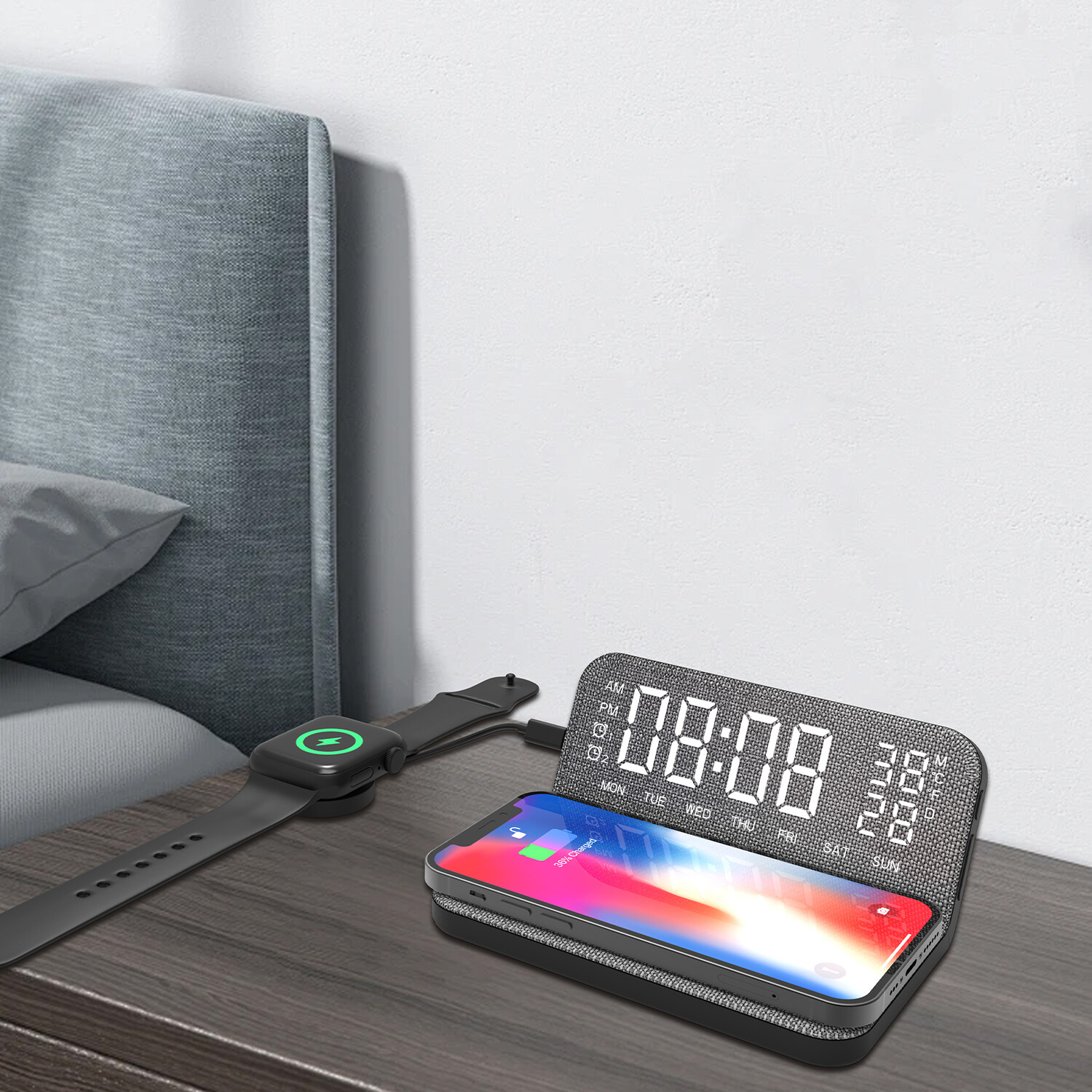 Alarm Clock with Wireless Charger - Grey Image 3
