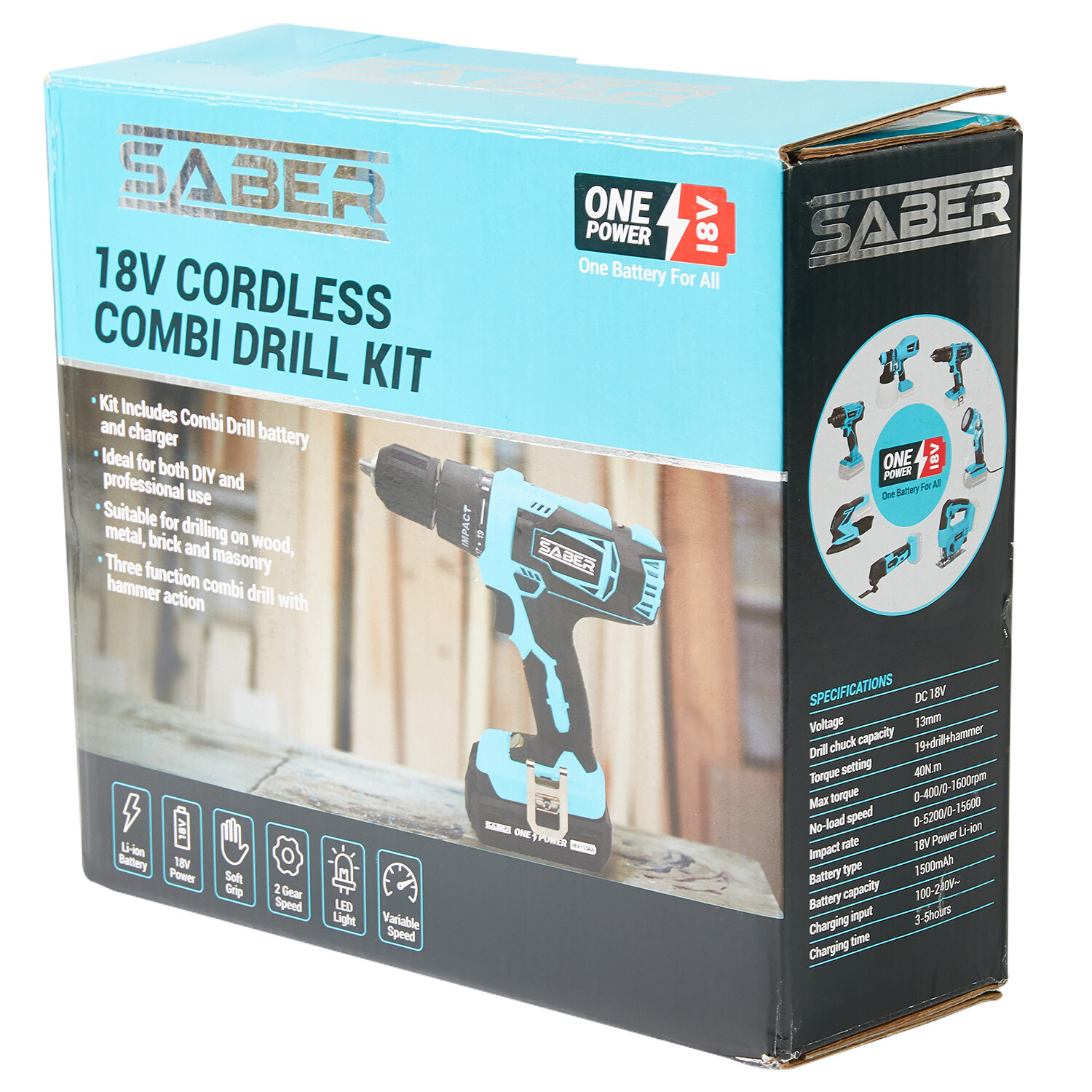 Saber 18V One Battery Cordless Combi Drill Kit Inc Battery and Charger Image 4