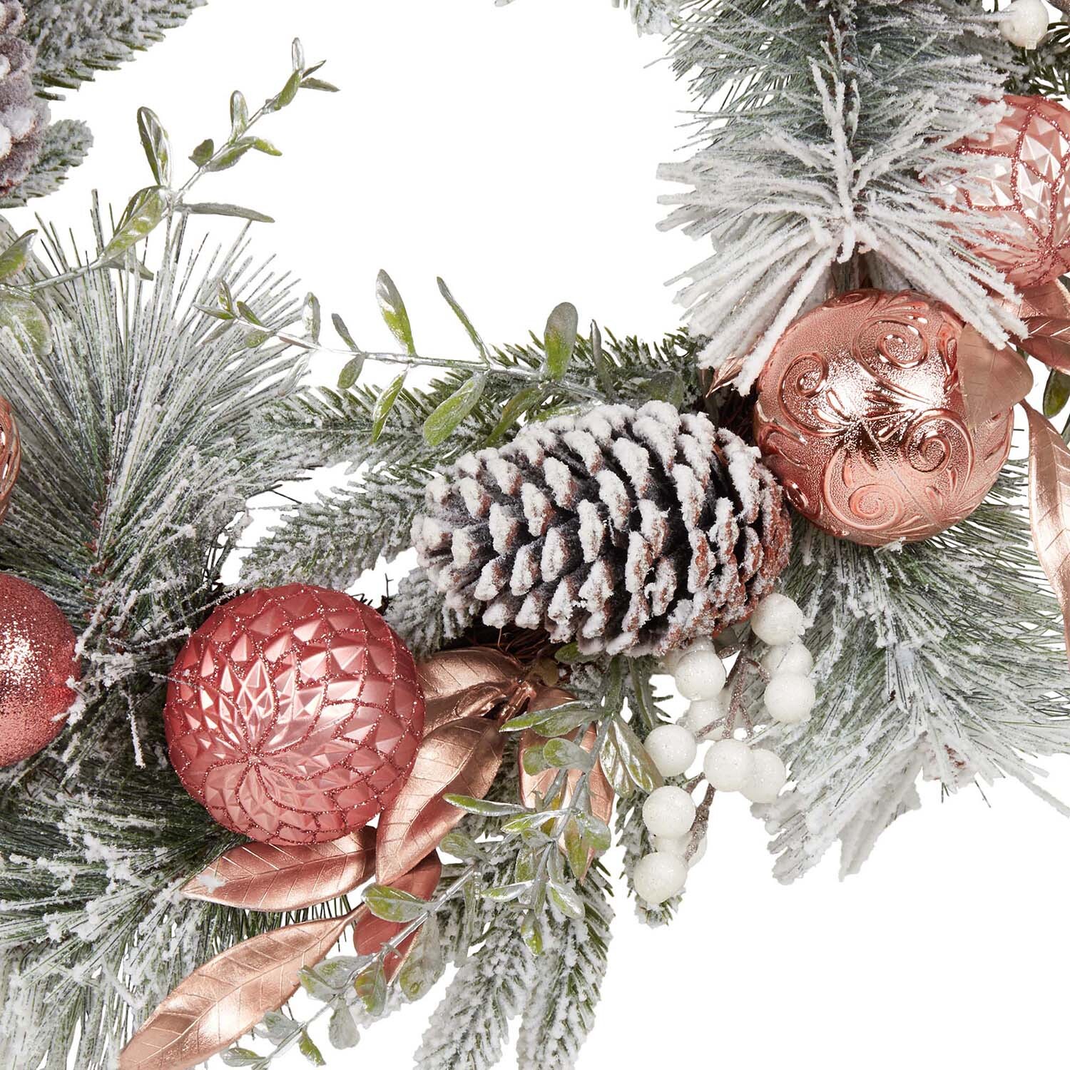 Frosted Dusky Rose Bauble Wreath - Green & Rose Image 2