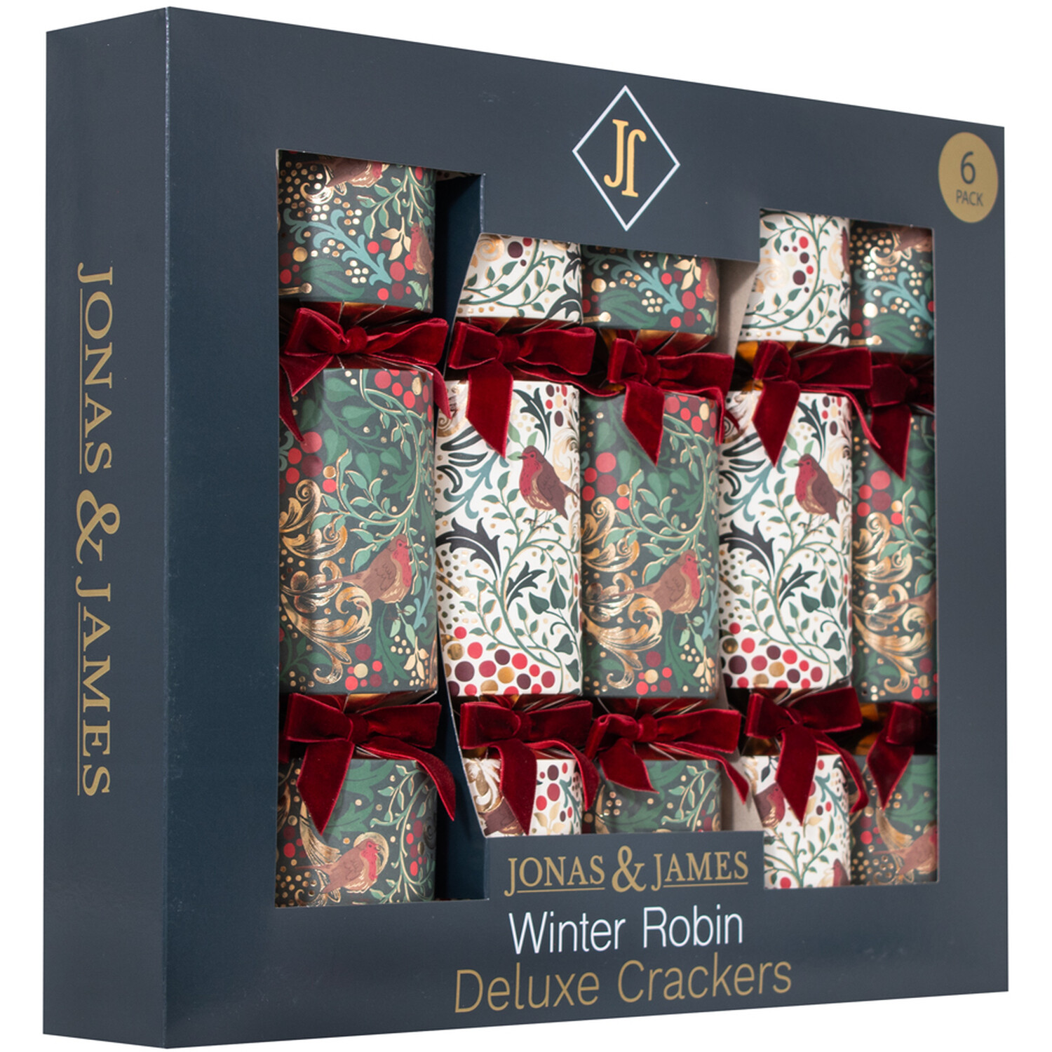 Pack of 6 Winter Robin Deluxe Crackers Green and Cream Image 3