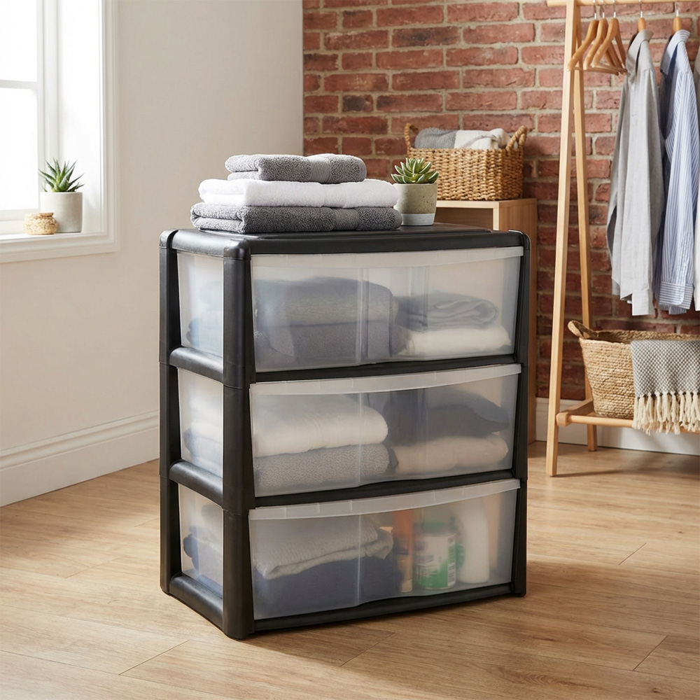 Black 3 Drawer Wide Storage Unit Image 5