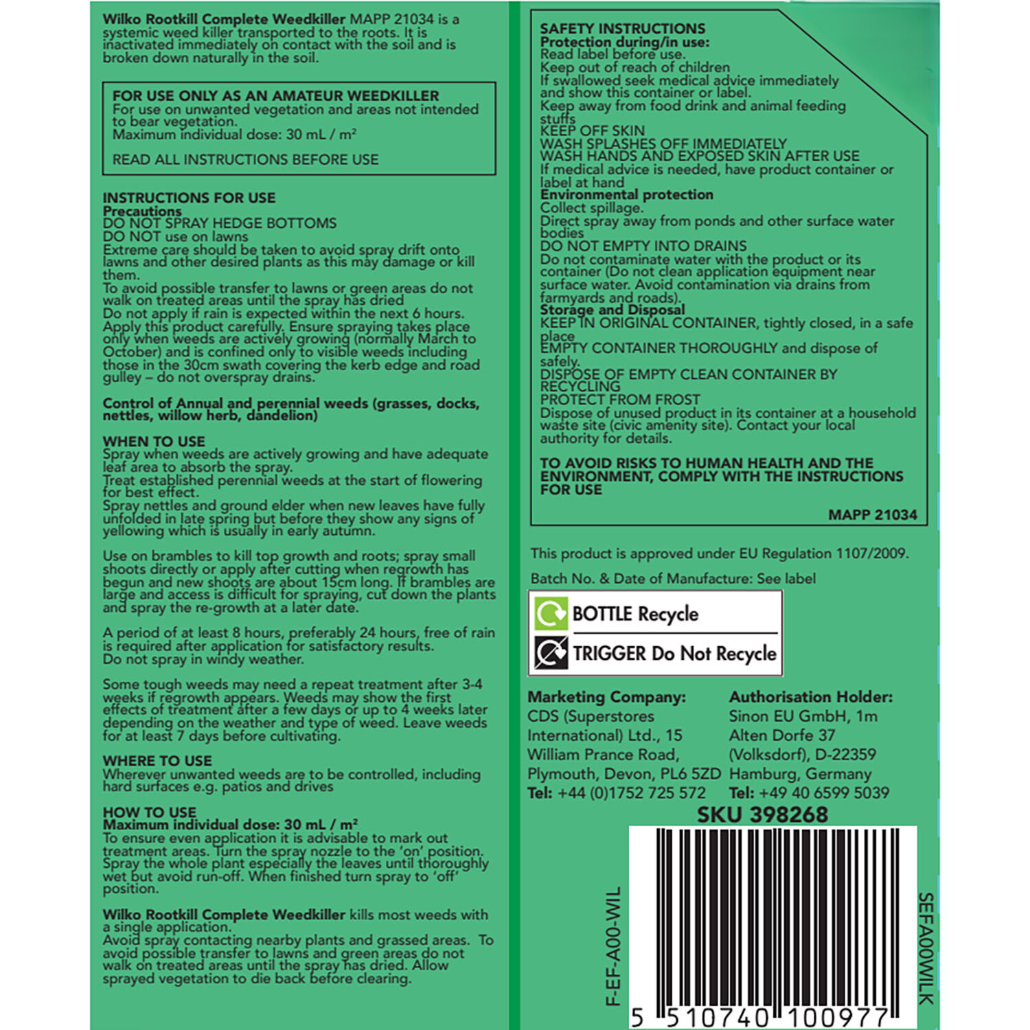wilko Rootkill Weed Killer Spray 1L - Green Image 2
