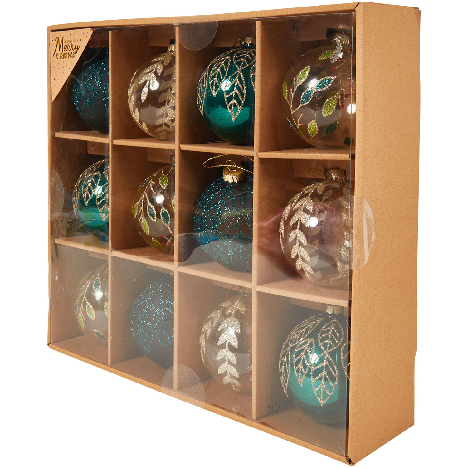 Set of 12 Glass Baubles Emerald and Gold - Emerald and Gold Image 2