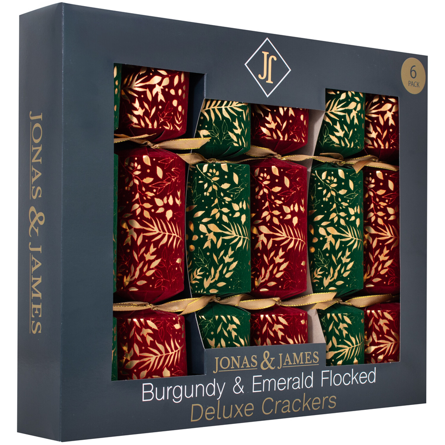 Pack of 6 Flocked Crackers Burgundy and Emerald Image 3