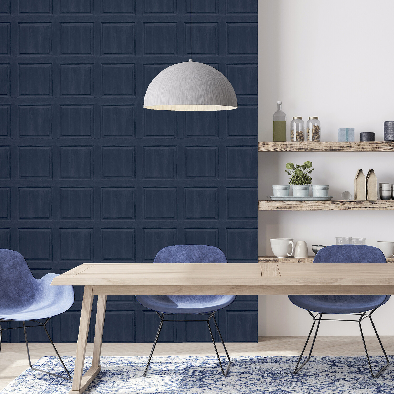Washed Panelled Wallpaper - Navy Image 3