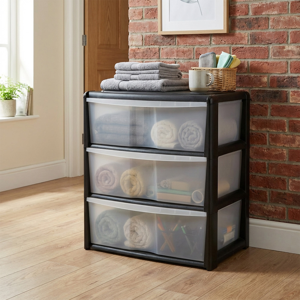 Black 3 Drawer Wide Storage Unit Image 2