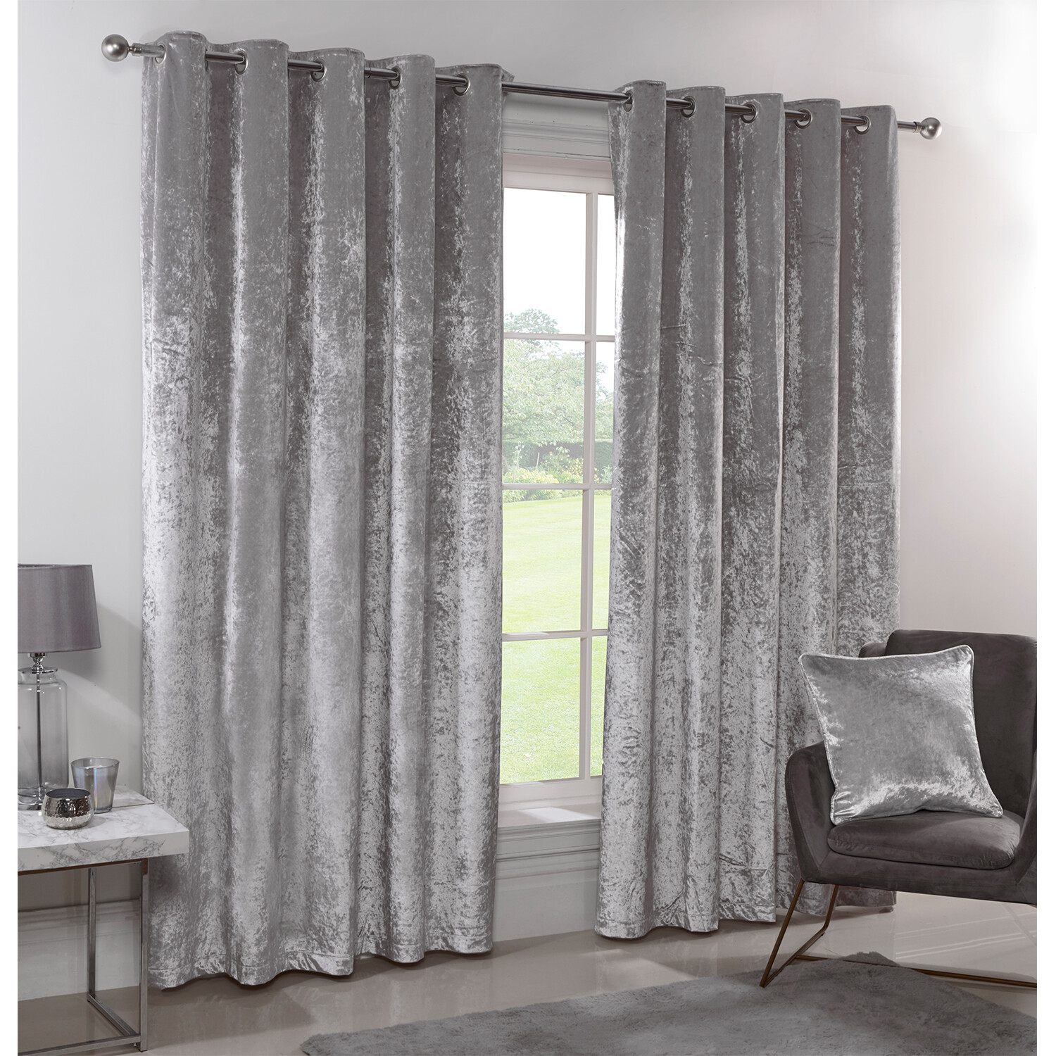 Divante Silver Crushed Velvet Eyelet Curtains 168 x 183cm Image 2