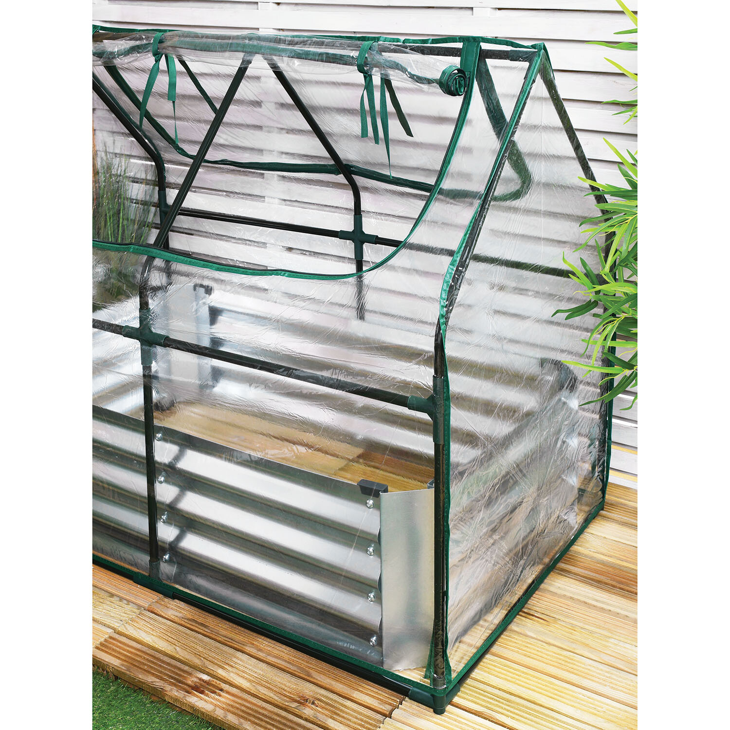 PVC Growhouse with Galvanised Planter - Clear and Green Image 4