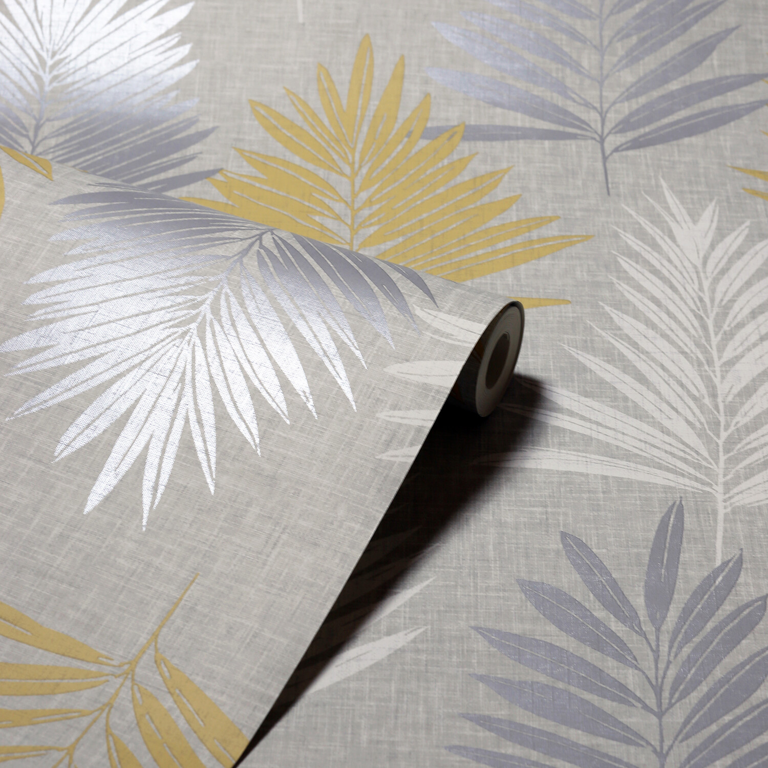 Linen Palm Wallpaper - Ochre and Grey Image 3