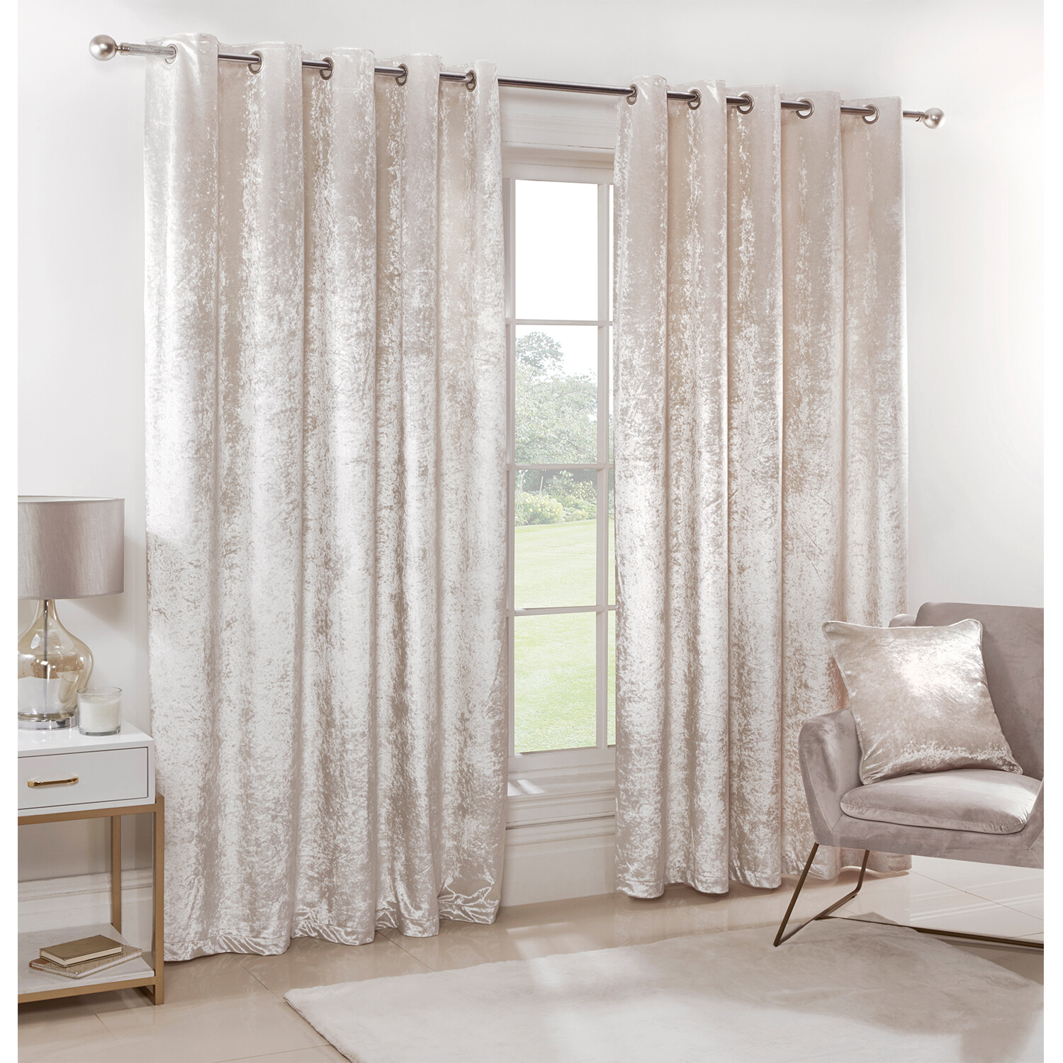 Divante Ivory Crushed Velvet Eyelet Curtains 183 x 168cm Image 2