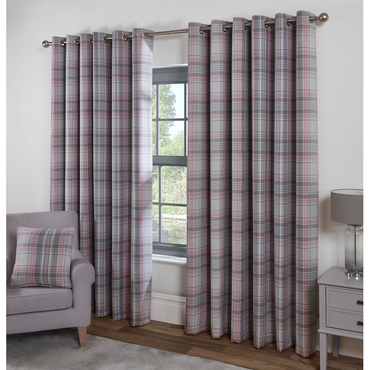 Divante Blush Hatfield Check Blackout Eyelet Curtains 229 x 229cm Image 2