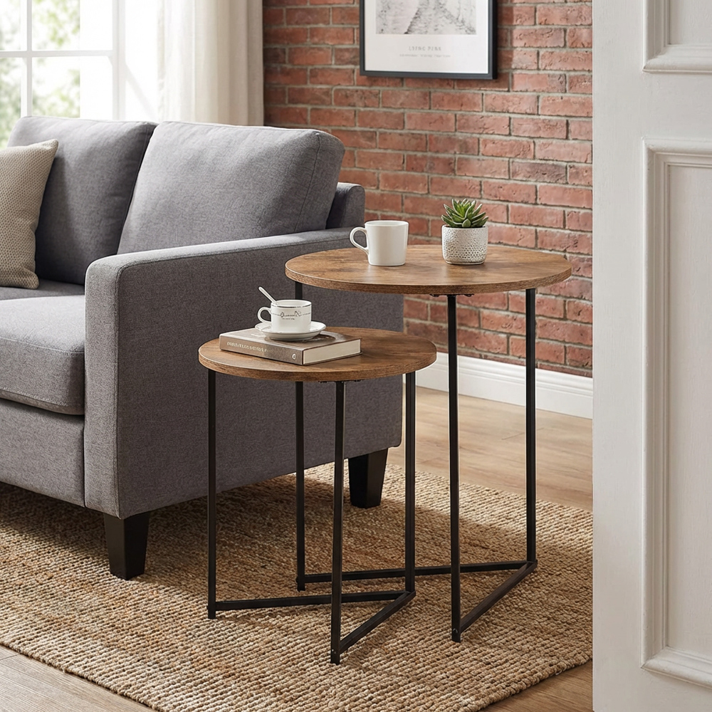 Black and Oak Industrial Nest of Tables Set of 2 Image 7
