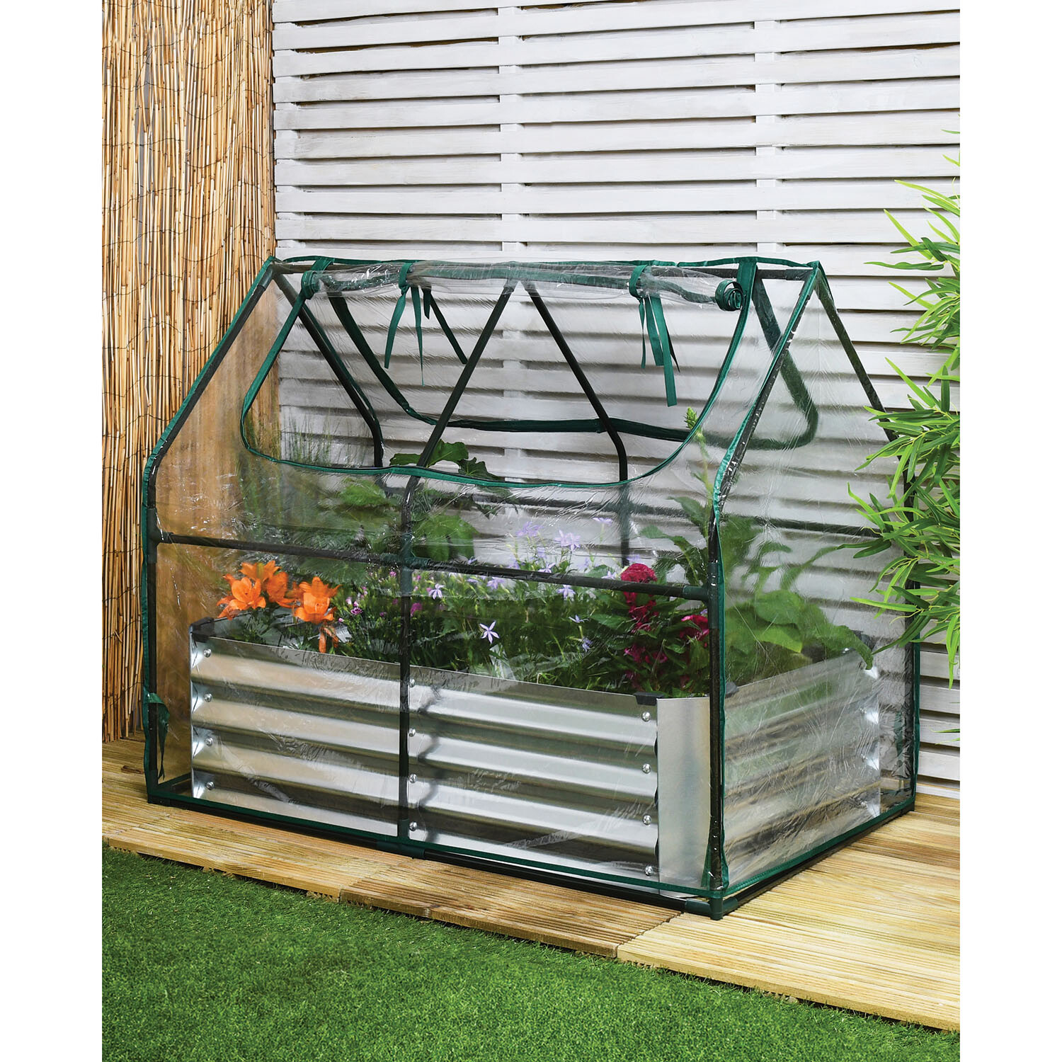 PVC Growhouse with Galvanised Planter - Clear and Green Image 2