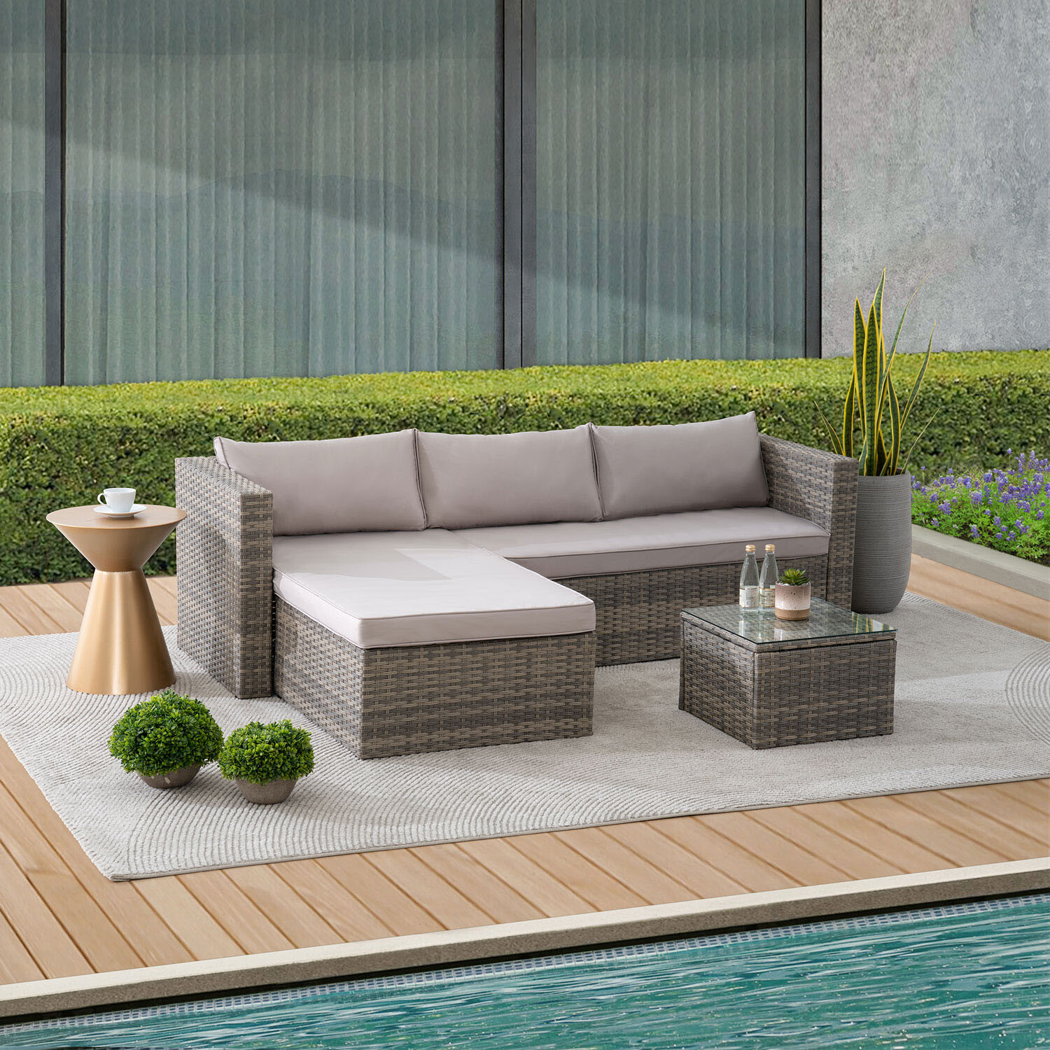 Alexandria 3 Seater Natural Rattan Wicker Garden Corner Lounge Set with Cushions Image 6