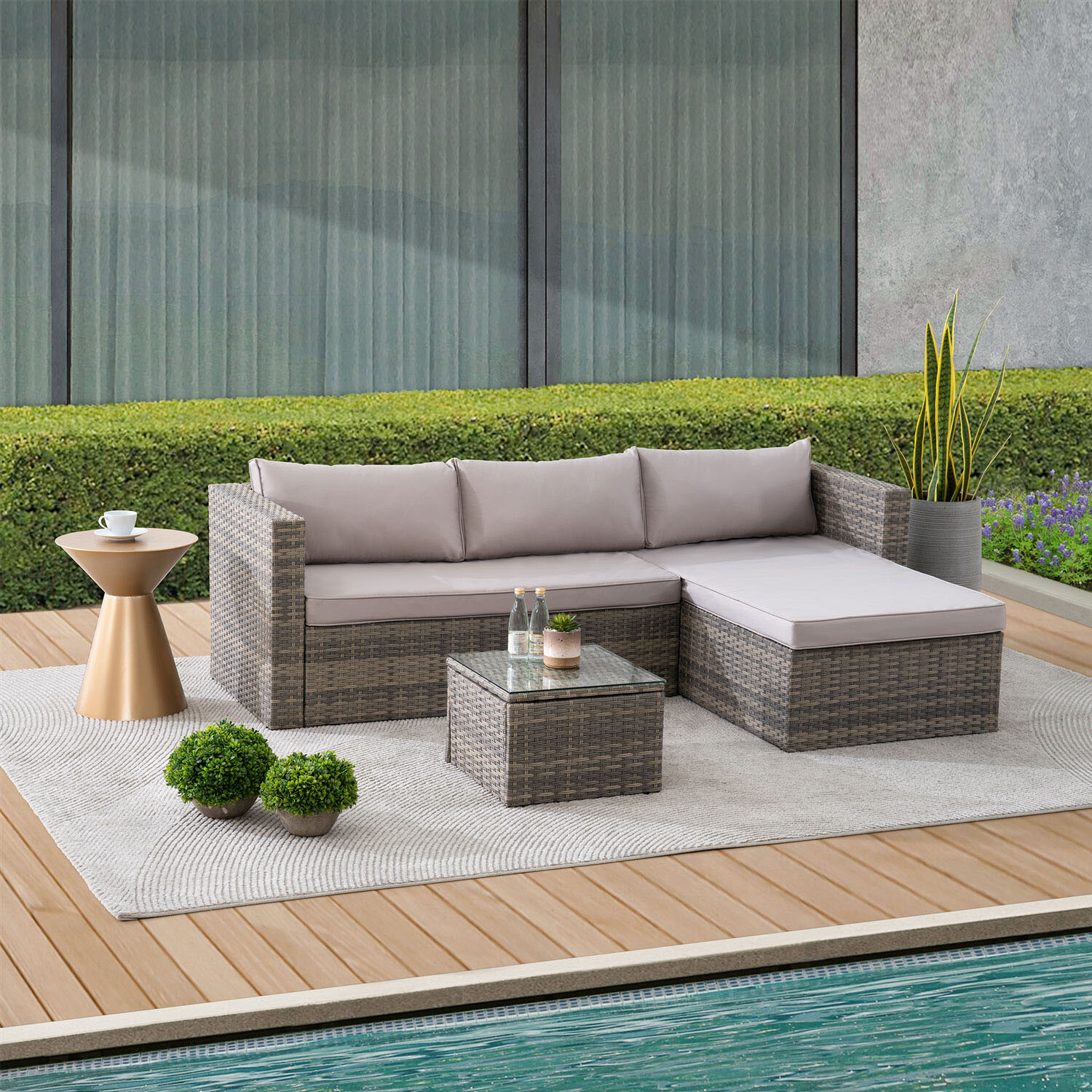 Alexandria 3 Seater Natural Rattan Wicker Garden Corner Lounge Set with Cushions Image 7