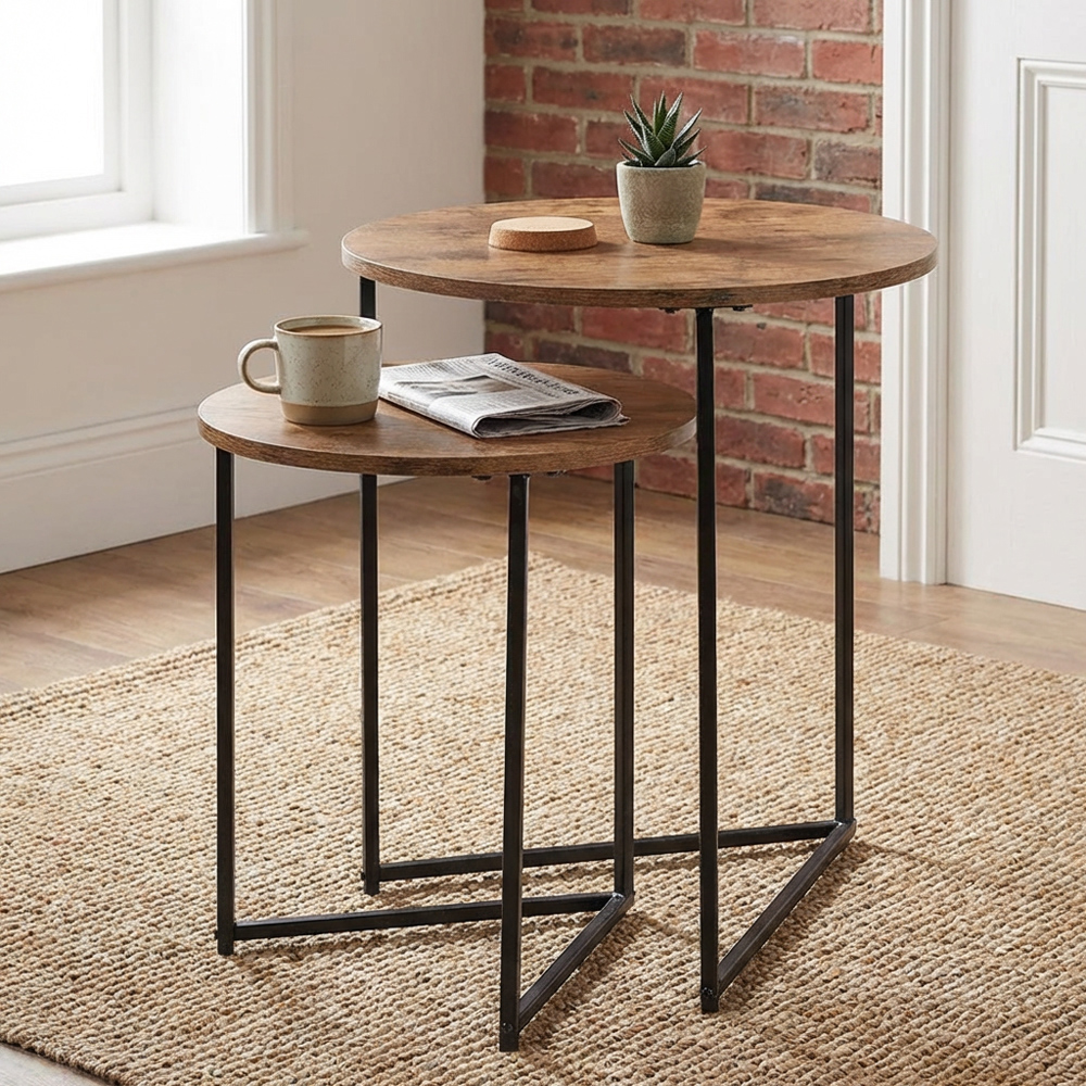 Black and Oak Industrial Nest of Tables Set of 2 Image 3