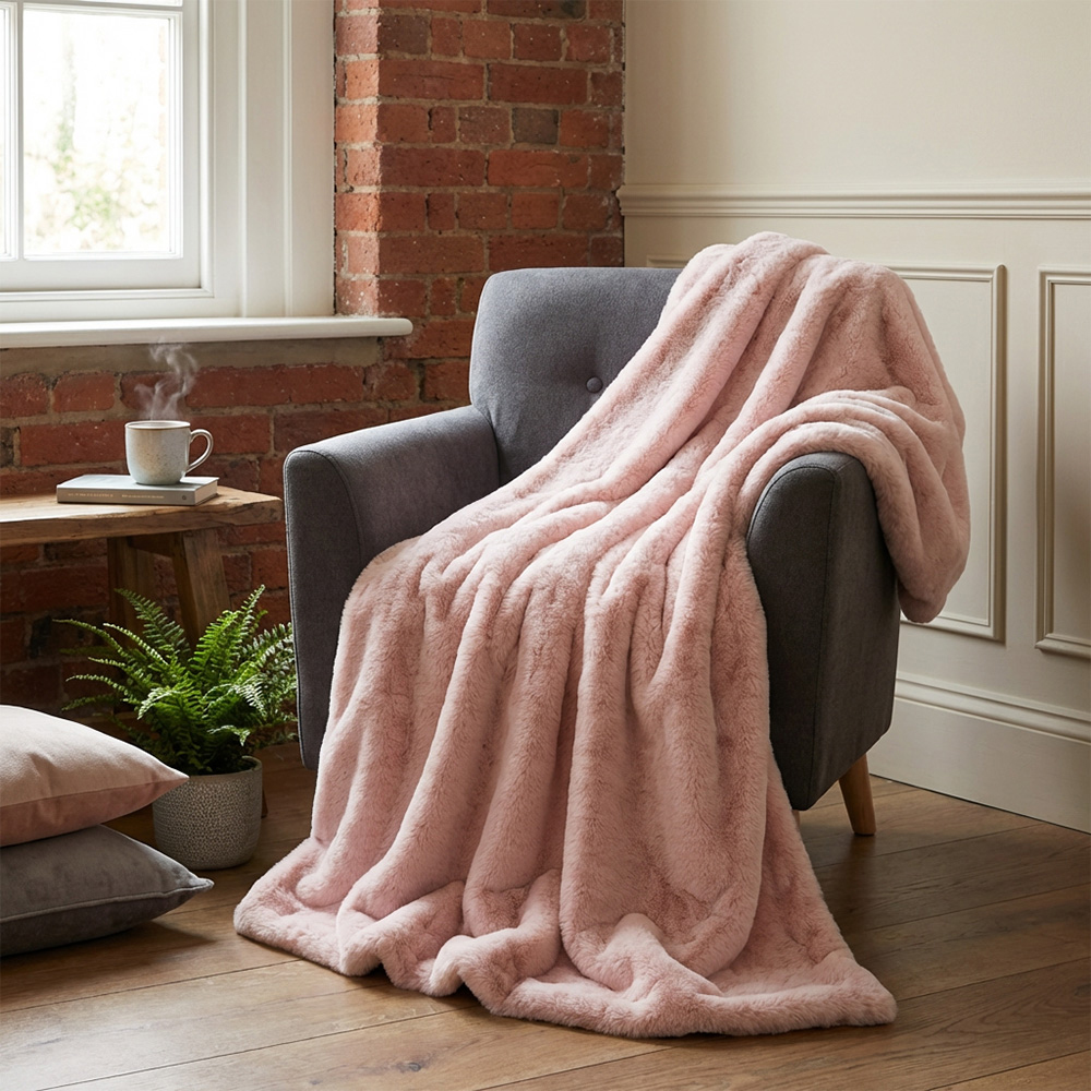 Divante Blush Rabbit Faux Fur Extra Large Throw 150 x 200cm | Homebase