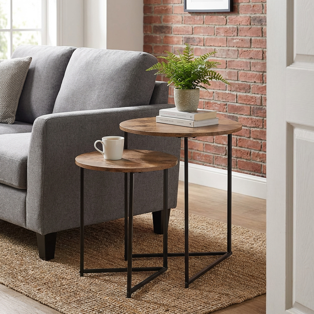 Black and Oak Industrial Nest of Tables Set of 2 Image 6
