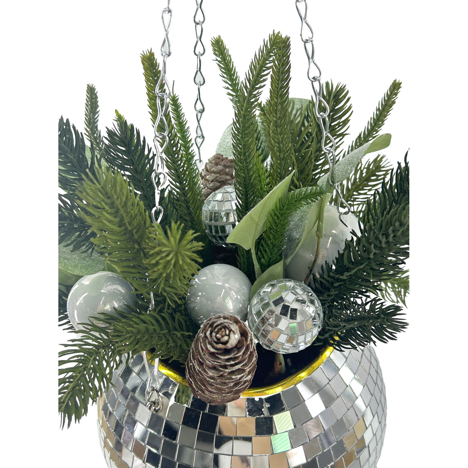 Disco Ball Hanging Floristry Basket Green and Silver Image 3