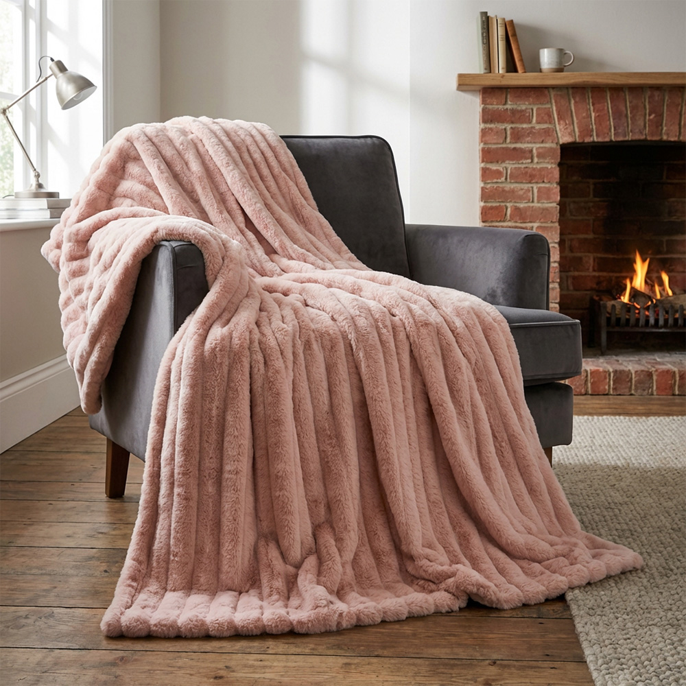 Divante Blush Rabbit Faux Fur Extra Large Throw 150 x 200cm | Homebase