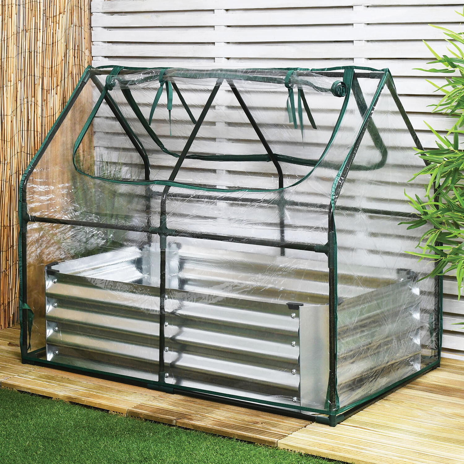 PVC Growhouse with Galvanised Planter - Clear and Green Image 3