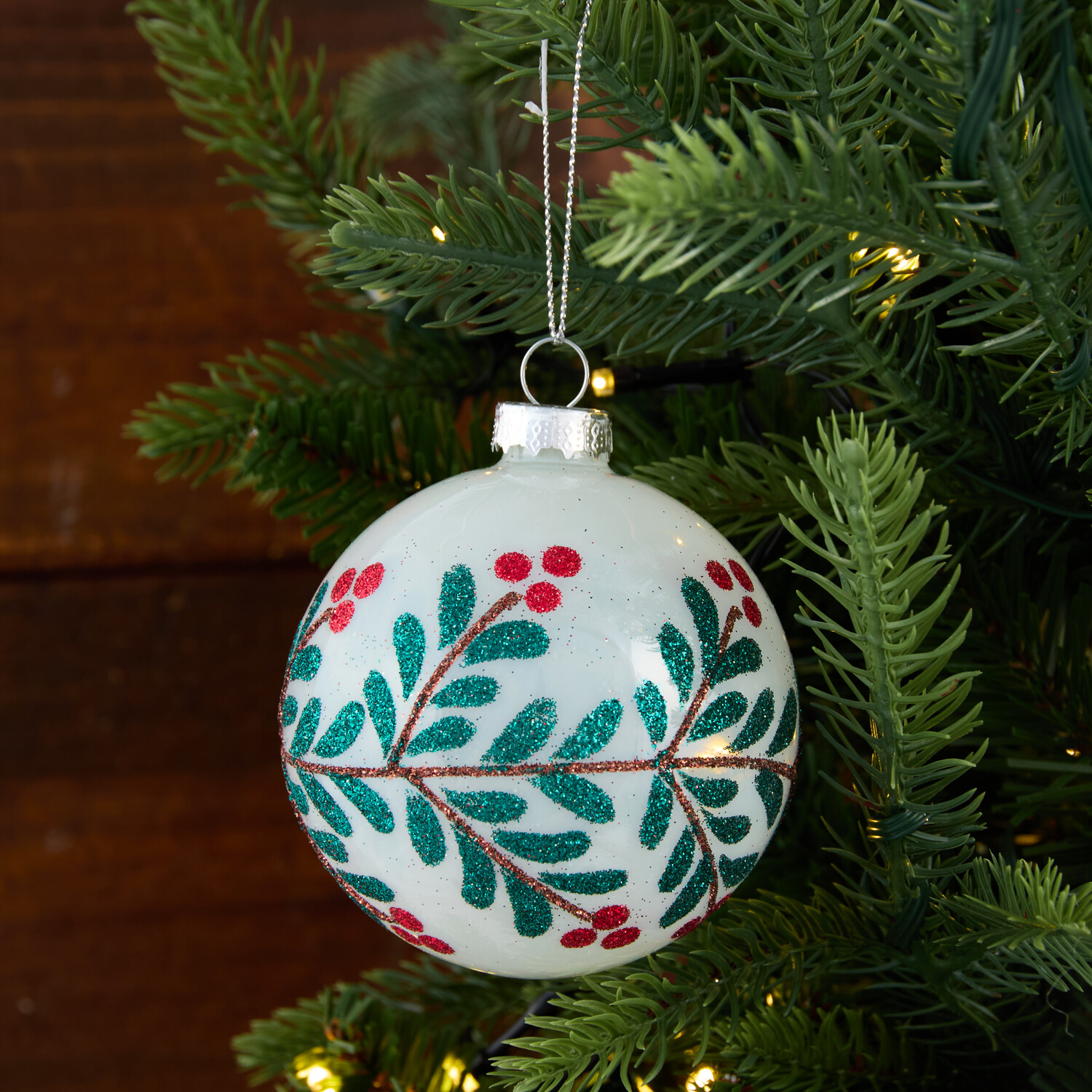 Berry Fern Glitter Bauble White Image 2